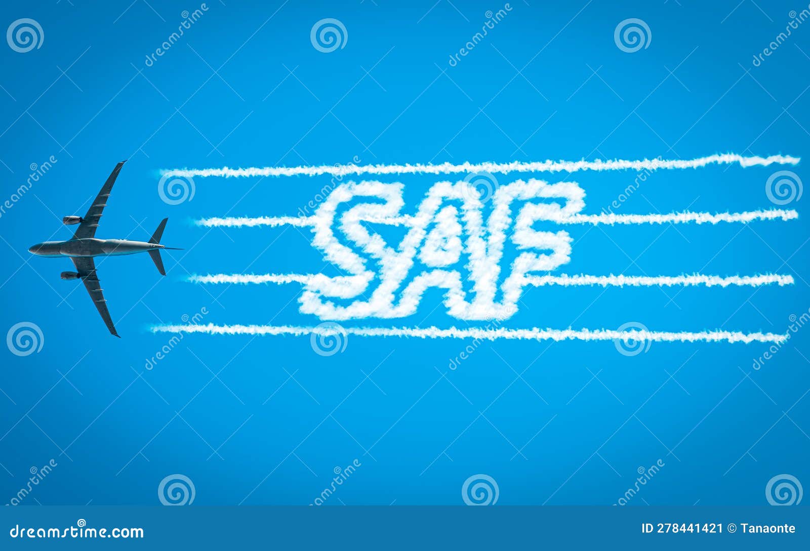airplane leaving jet contrails with saf word inside
