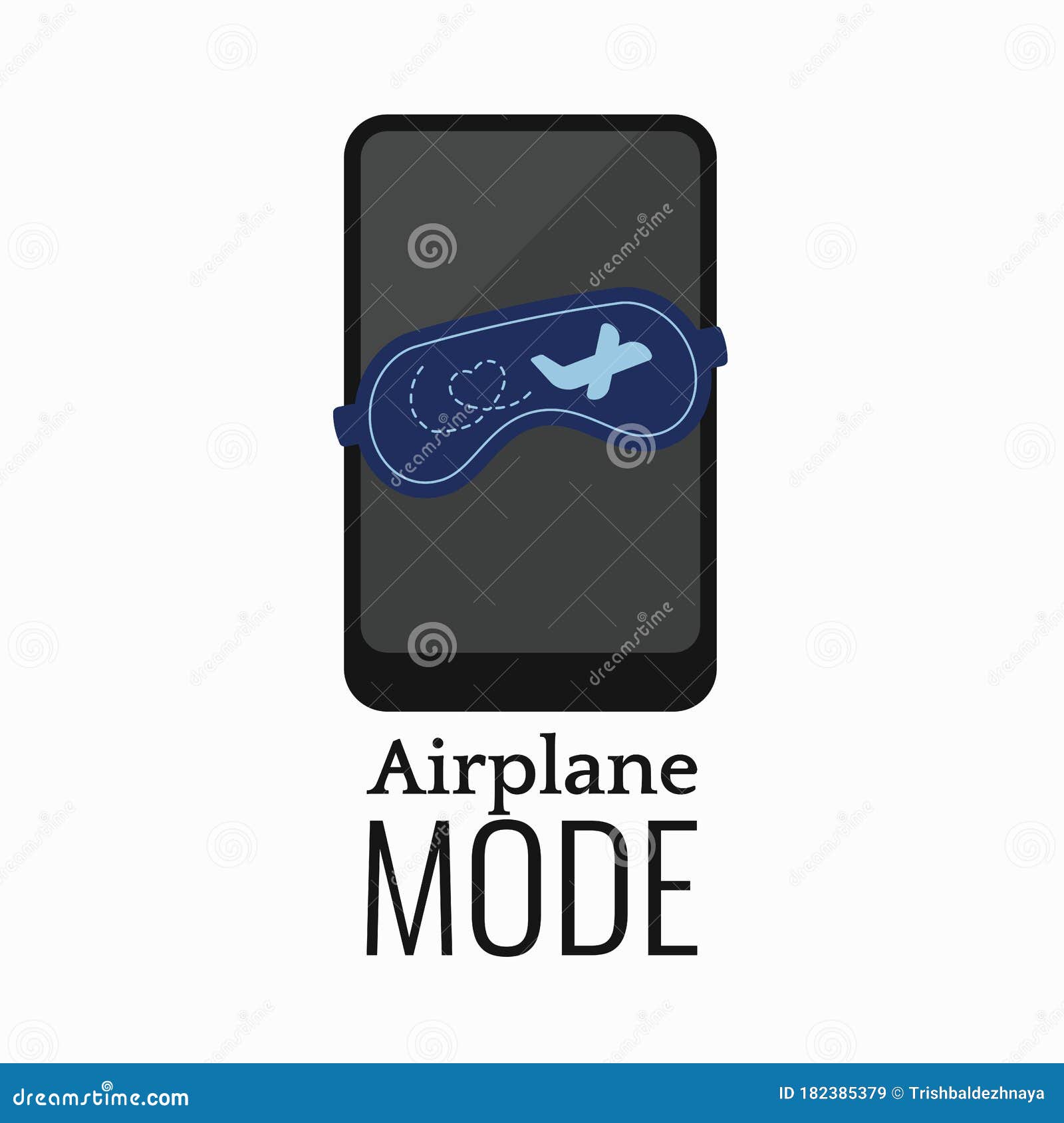 airplane mode smatrphone with sleep mask and airplane sign  on white background.