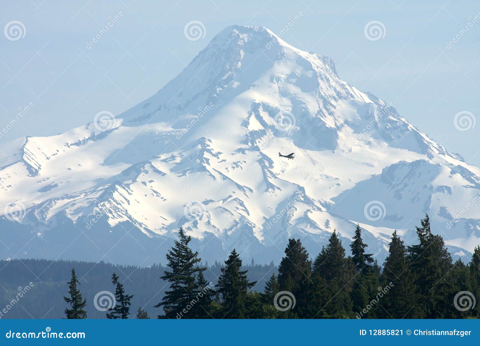 Airplane and Mount Hood stock image. Image of forest 12885821