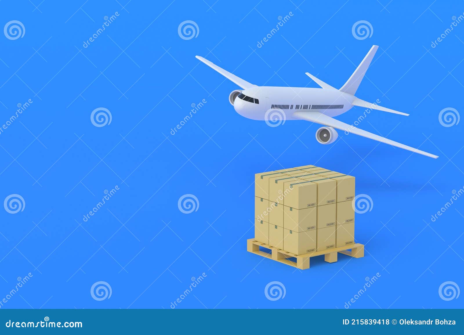 Airplane Near Stack of Boxes on Pallet on Blue Background Stock