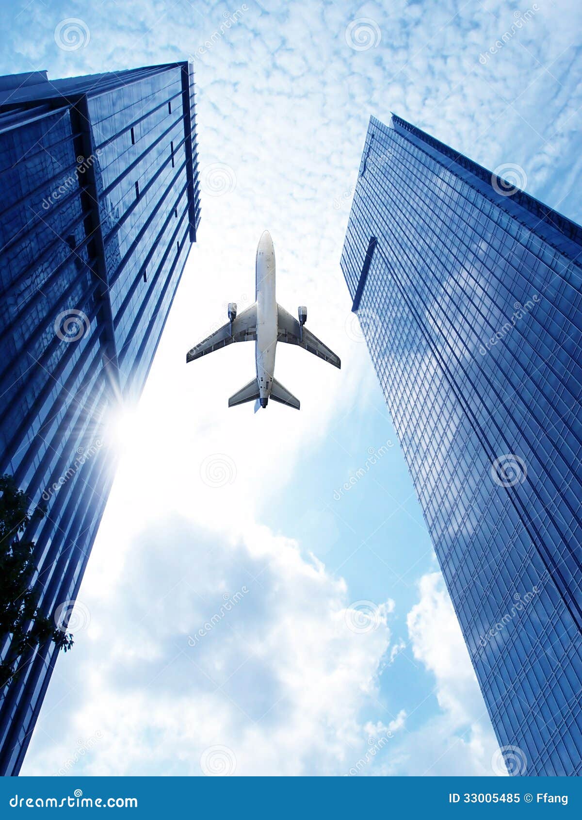 Airplane Over Office Building. Stock Image - Image: 33005485