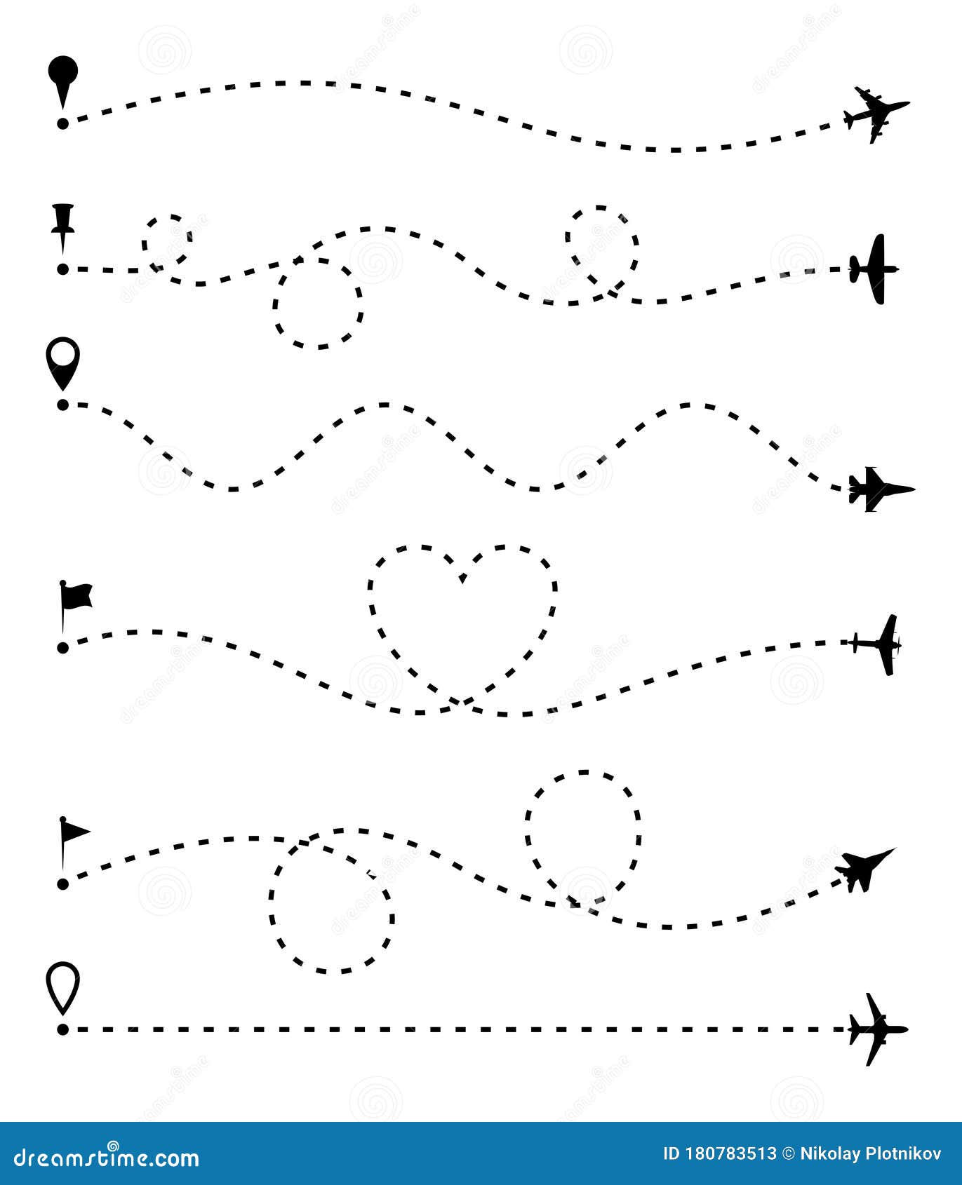 airplane route set, dashed line trace and plane routes  on white. plane line path, aircrafts and pins s