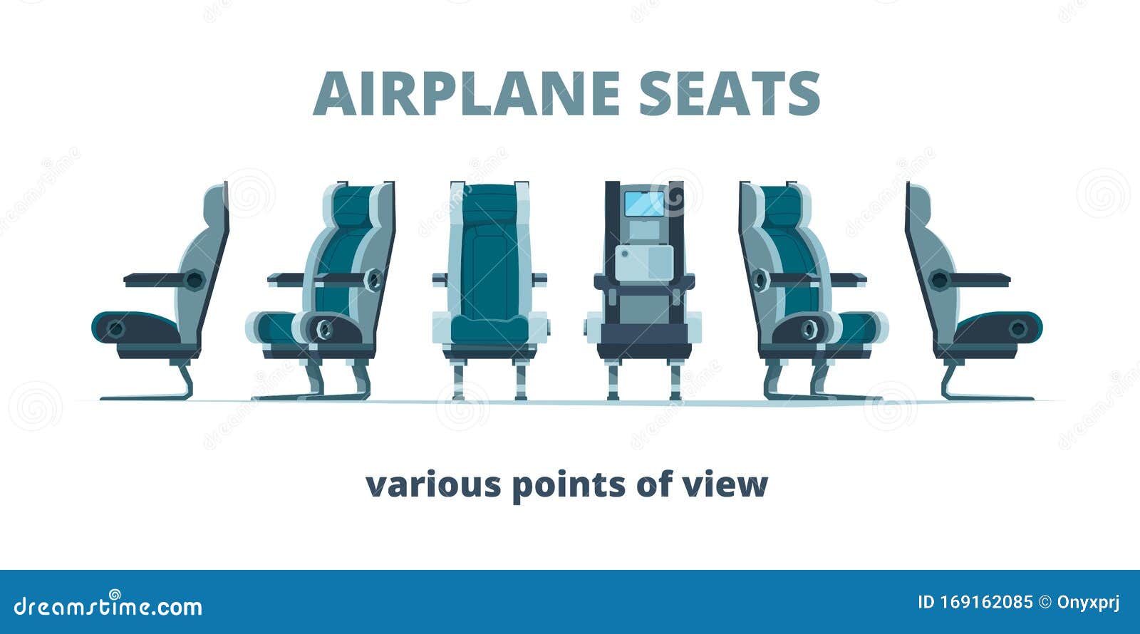 airplane seat. aircraft interior armchairs in different side view  flat pictures