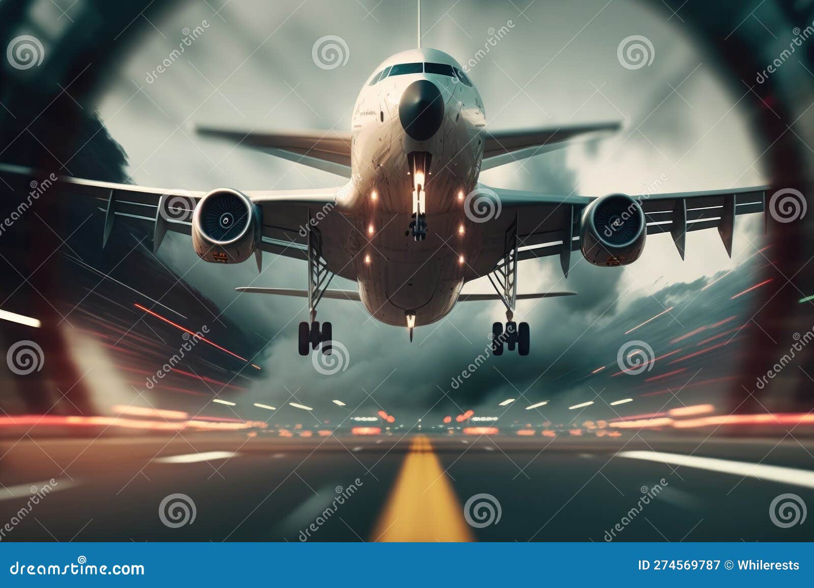 Airplane Taking Off Airport on the Road. Stock Illustration Illustration of plane, sunset
