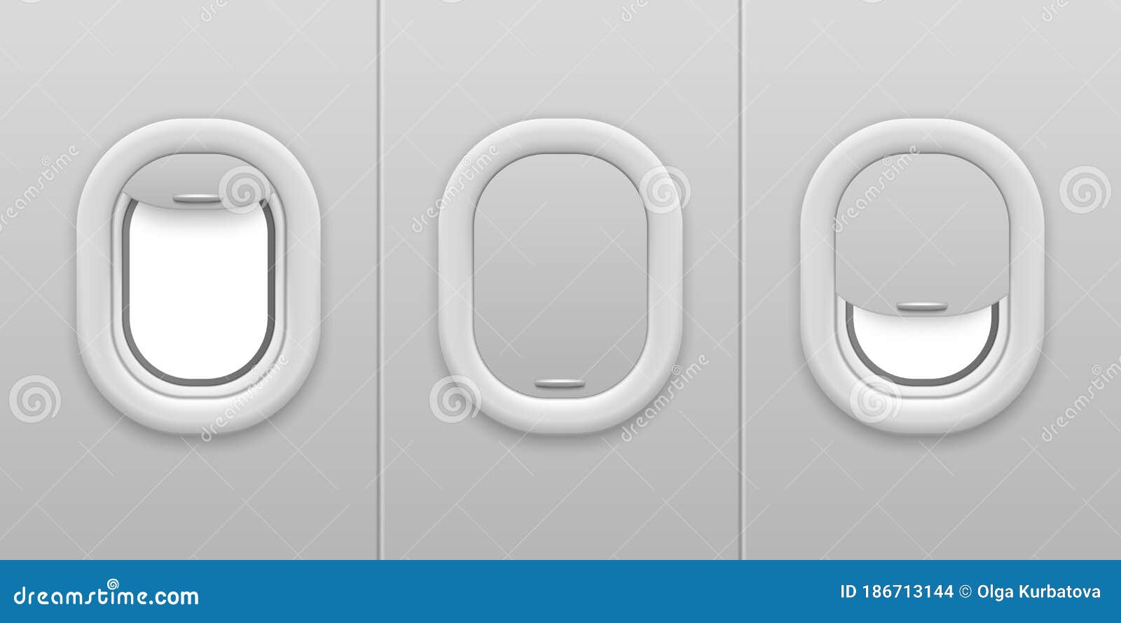 airplane window. aircraft illuminator. open and closed, plastic and glass plane windows, realistic mockup for airline