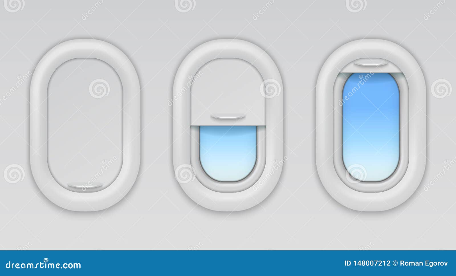 airplane windows. aircraft portholes with blue sky and fuselage background,  open closed and half closed types of