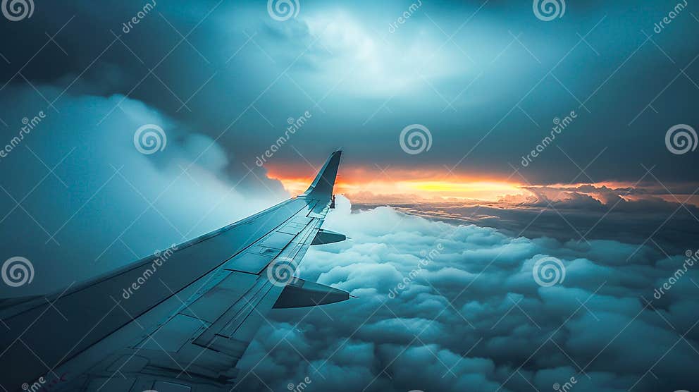 Airplane Wing Cutting through a Moody Sky As the Sun Sets Behind Storm ...