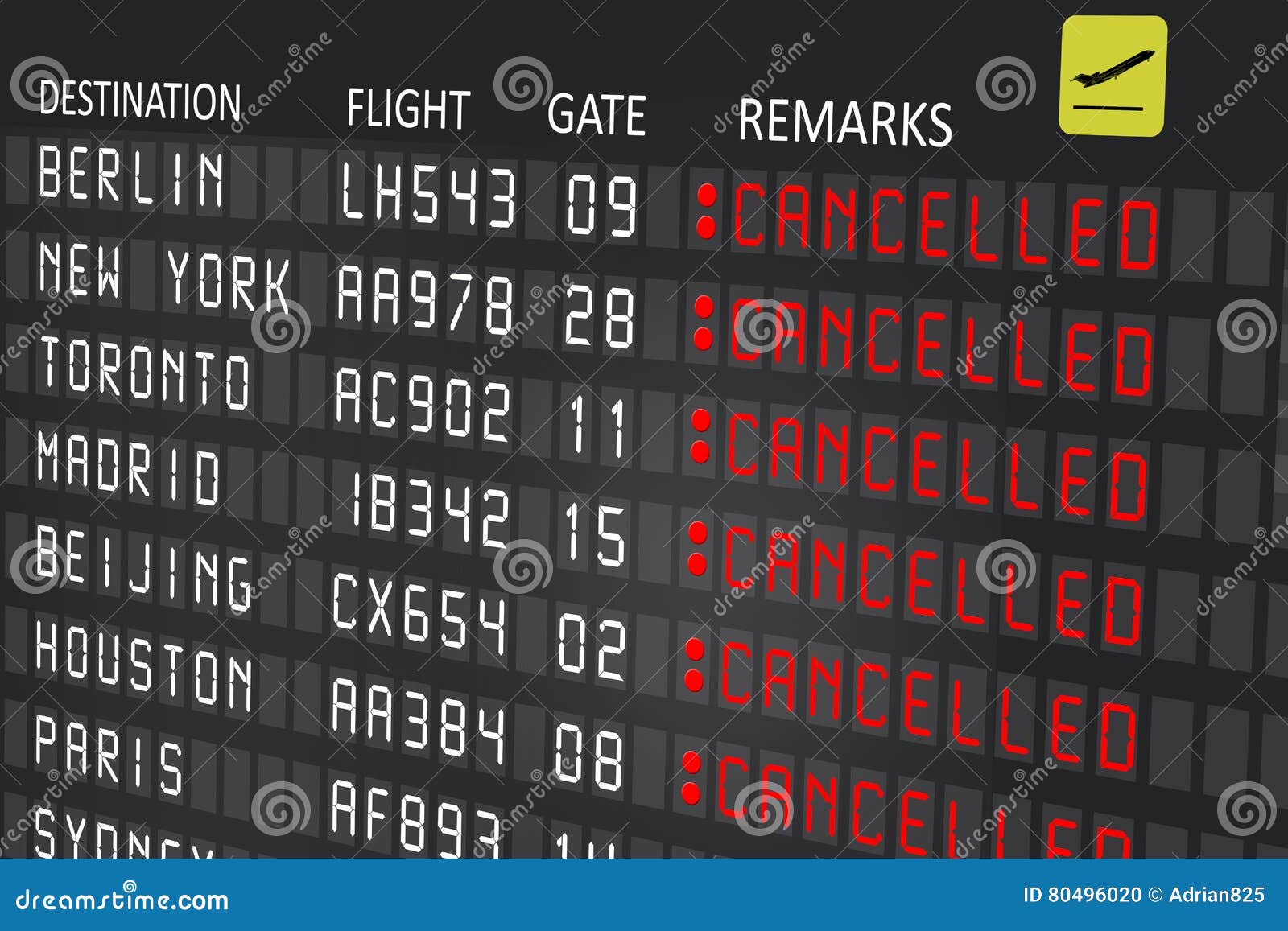 airport billboard panel with cancelled flights