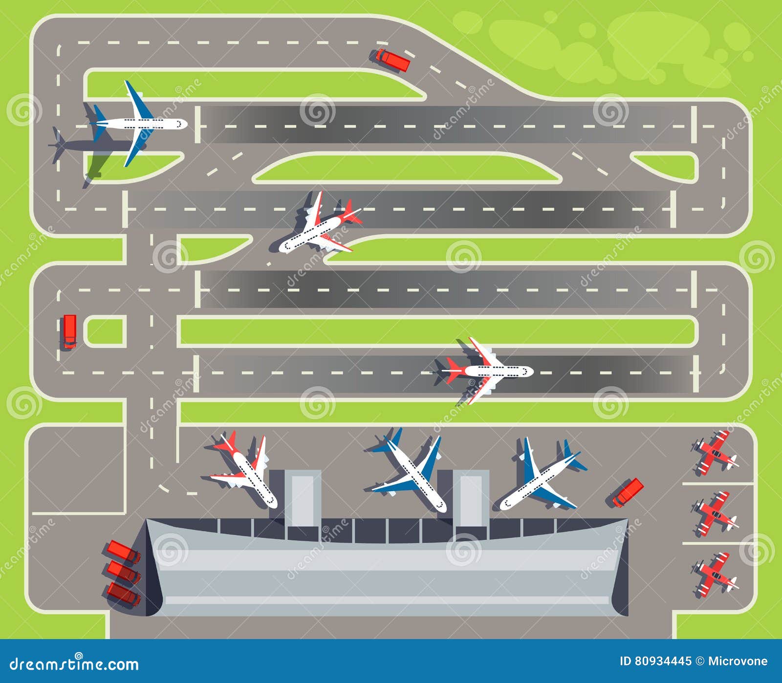 airport with passenger terminal, airplanes, helicopters top view  
