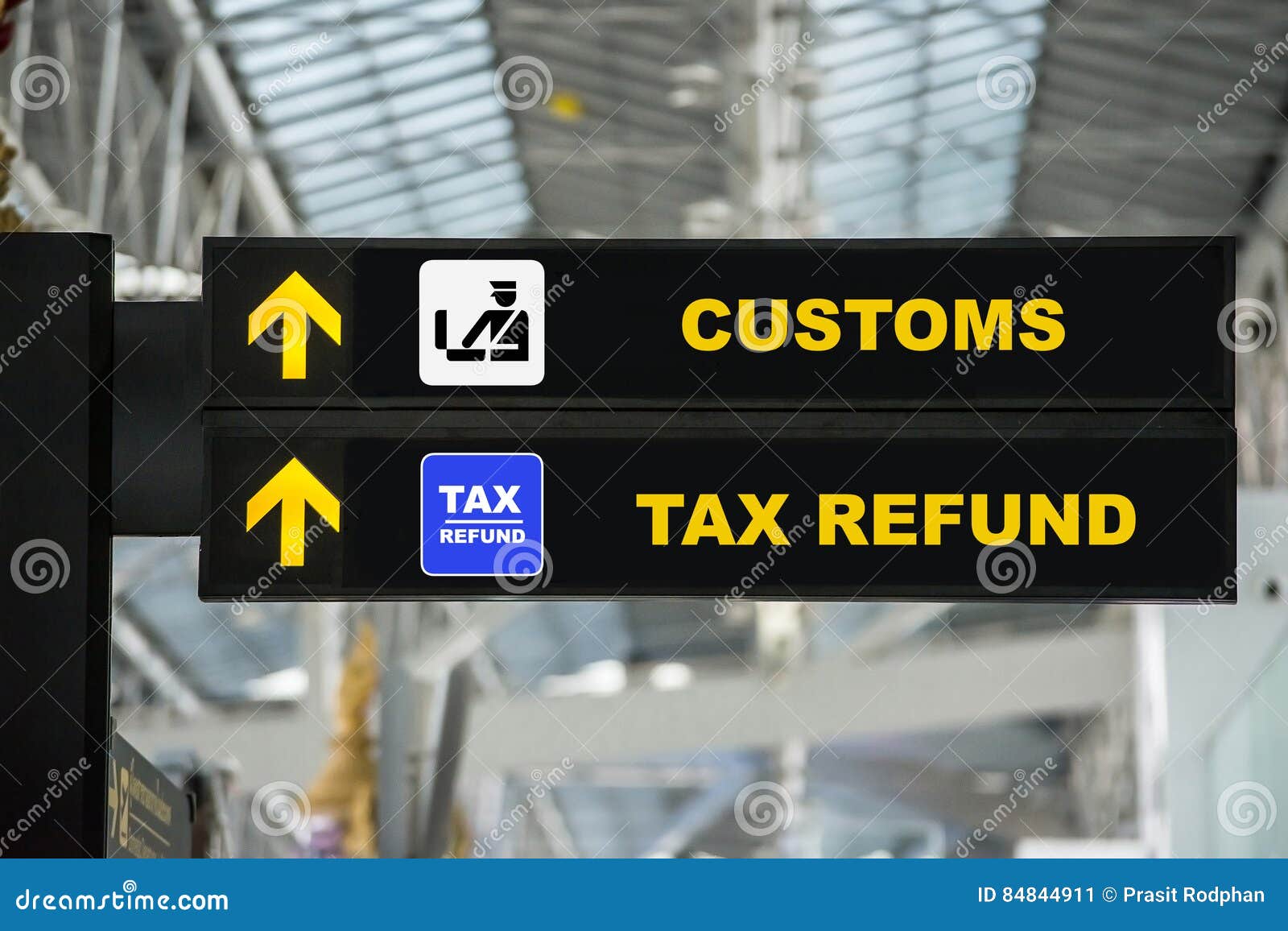 airport tax refund and customs sign in terminal at airport