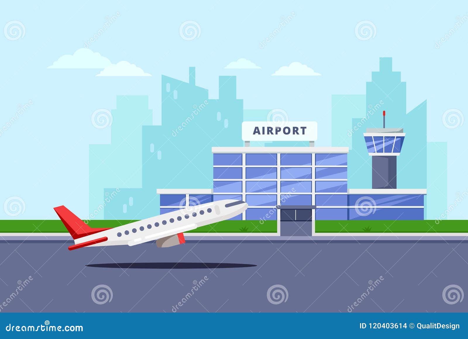 airport terminal building and taking off aircraft,  flat . air travel background and  s