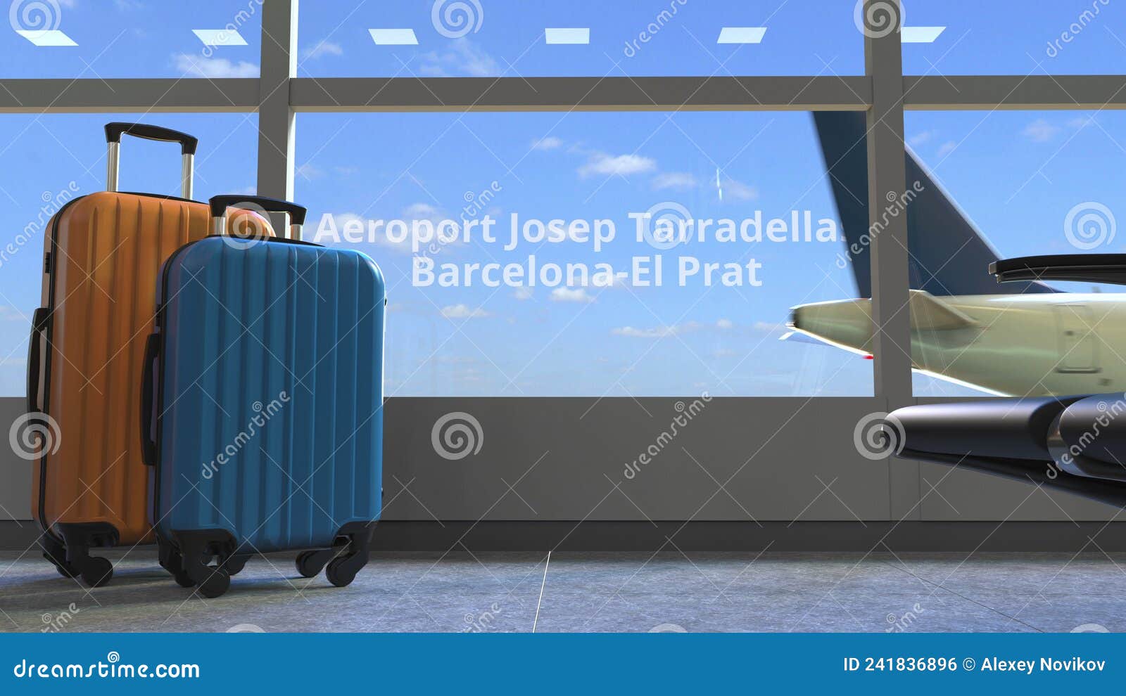 airliner revealing aeroport josep tarradellas barcelona-el prat text in the window of terminal. 3d rendering