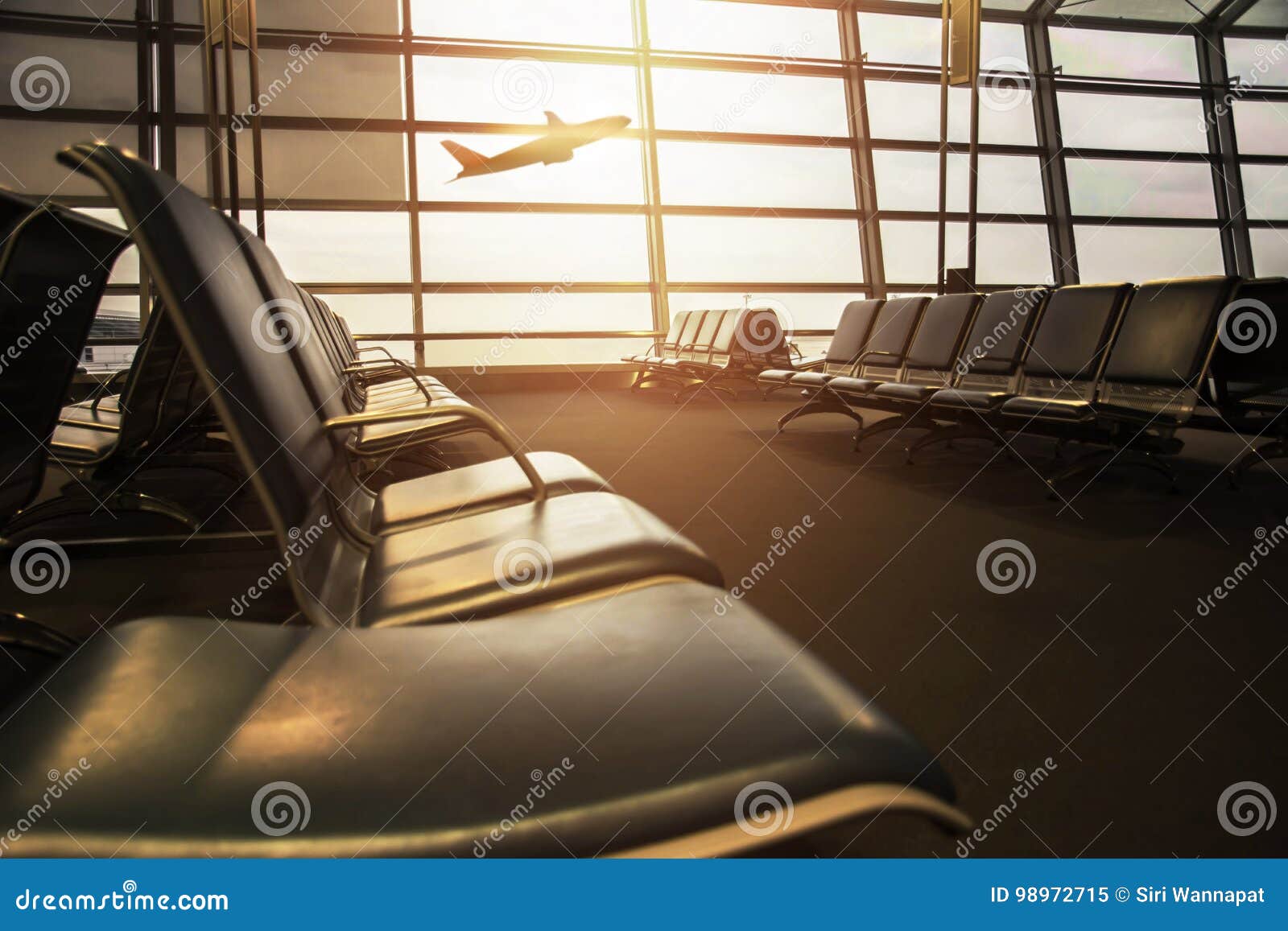 airport terminal with empty chair and bursting light, airplane b