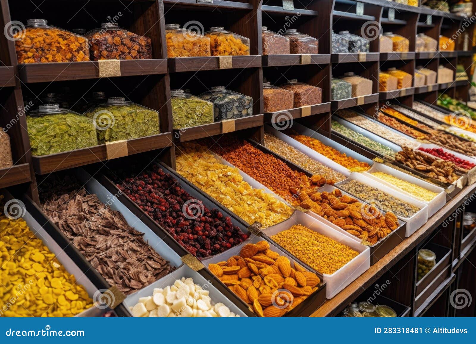 Aisle of Dried Fruits, Nuts, and Seeds in Bulk Containers Stock Image