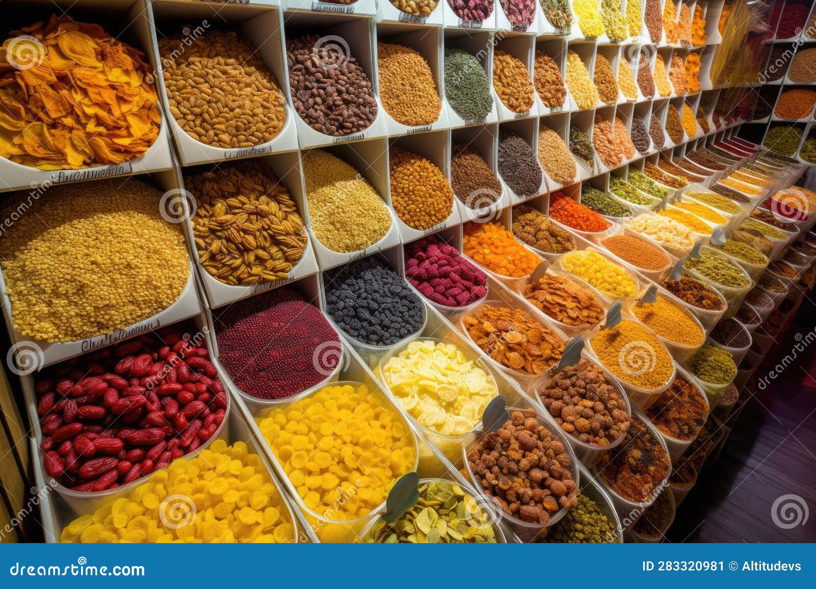 Aisle of Dried Fruits, Nuts, and Seeds in Bulk Containers Stock