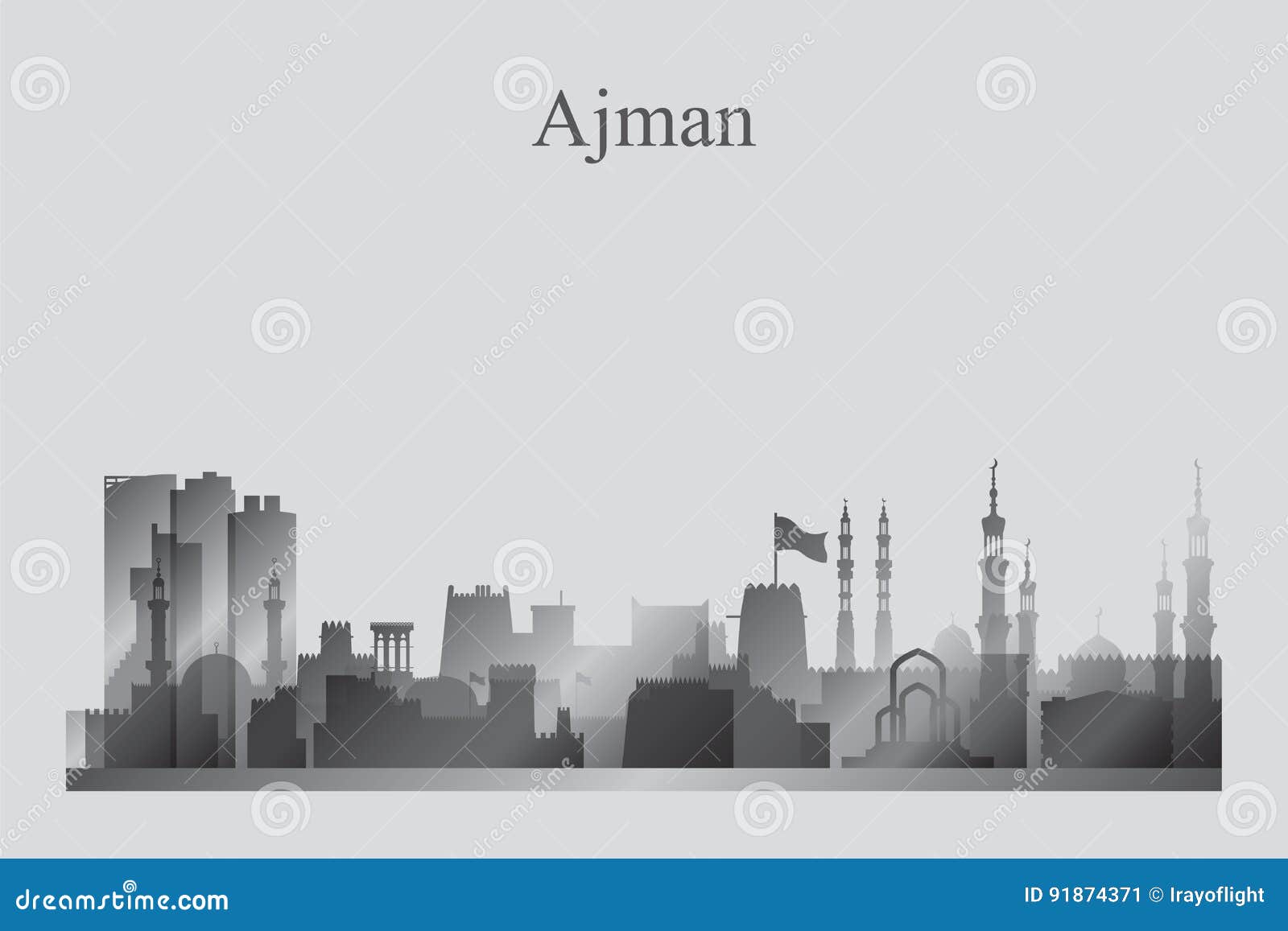 ajman city skyline silhouette in grayscale