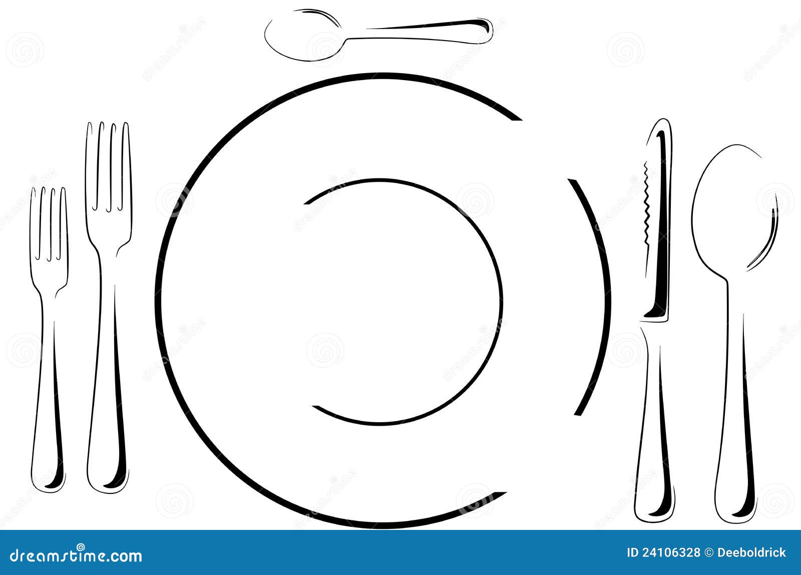 Ajuste da tabela na linha arte. Silhuetas de um ajuste do jantar com, de forquilhas, de faca, de colheres e de uma placa.