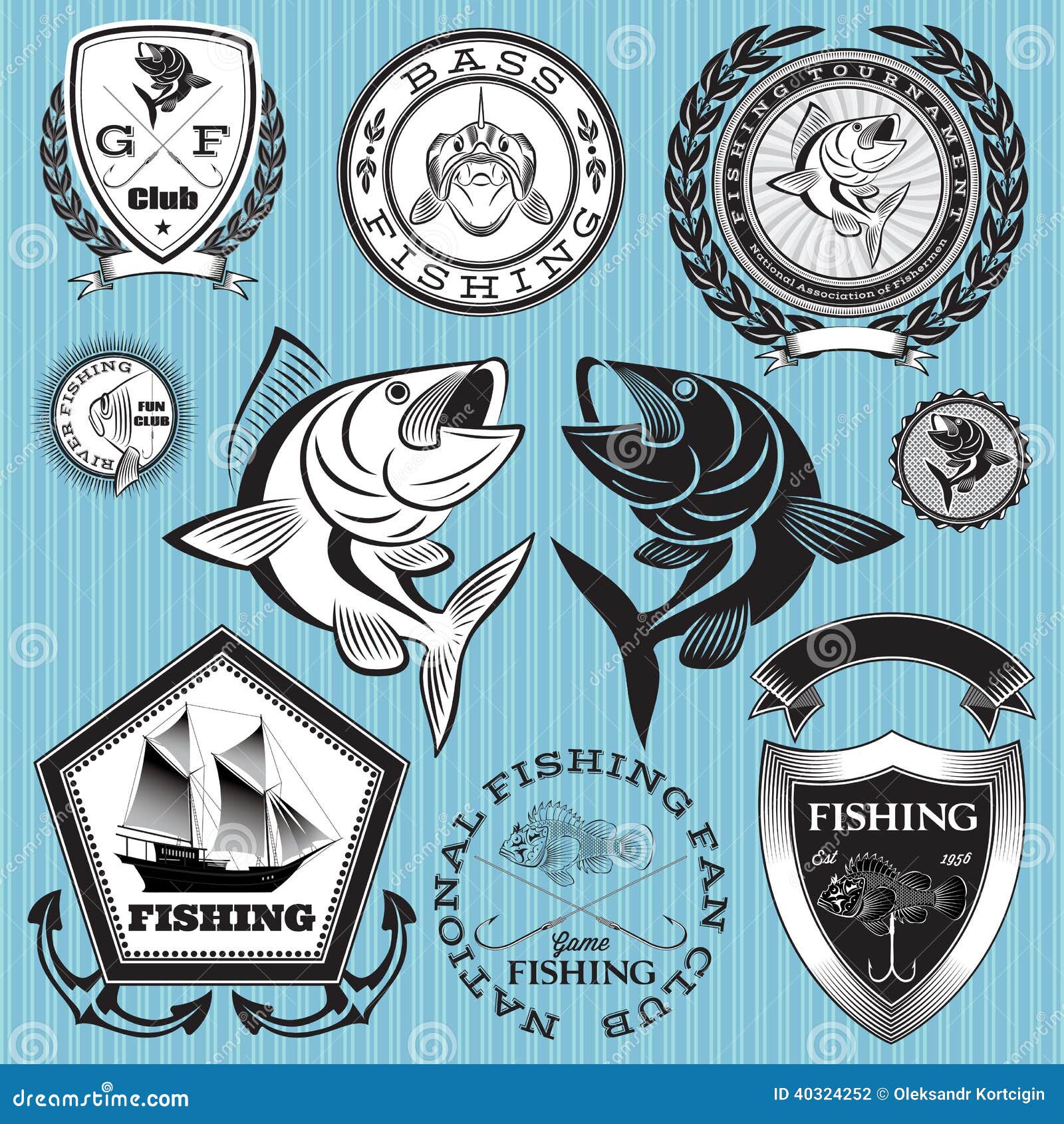 Ajuste emblemas do vetor na pesca do assunto. Grupo de emblemas do vetor na pesca do assunto