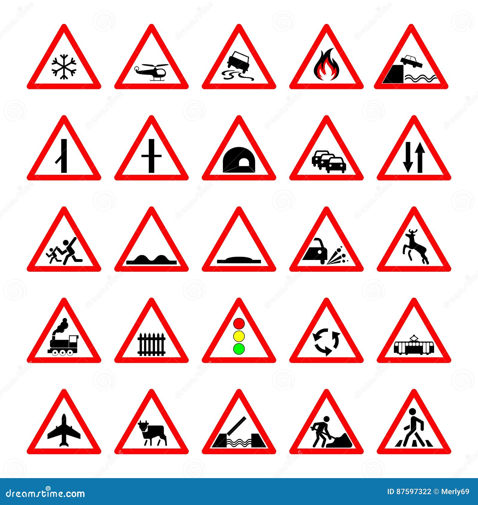 Ajuste Sinais De Aviso De Perigo Da Estrada, Os Sinais De Estrada Advertem  Sobre a Situação De Regras De Tráfego, Triângulo Do Ve Ilustração do Vetor  - Ilustração de perigo, isolado: 87597322