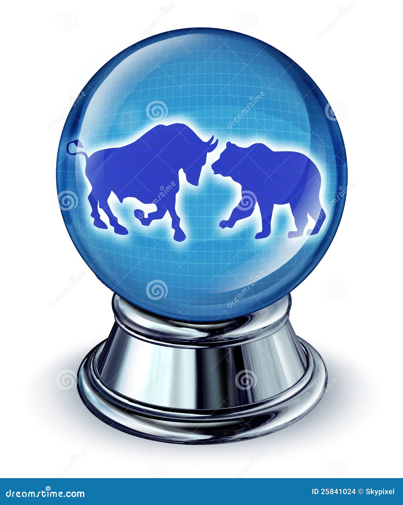 Aktiemarknadförutsägelsear som ett finansiellt begrepp med en kristallkula och en tjur och björnen i reflexionen som ett symbol av den framtida handeln tenderar.