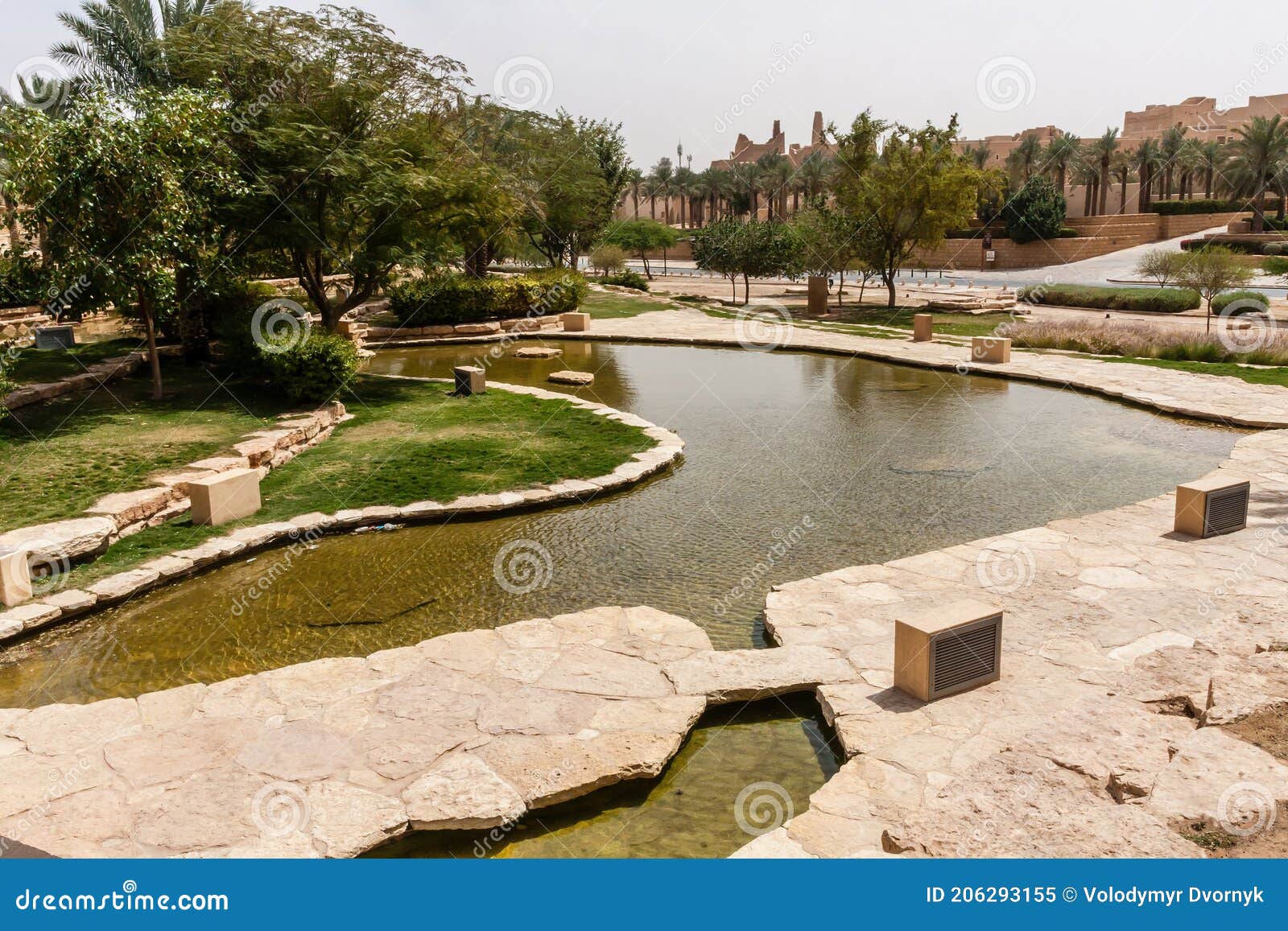 green terraces and artificial ponds of al bujairi park, riyadh, saudi arabia