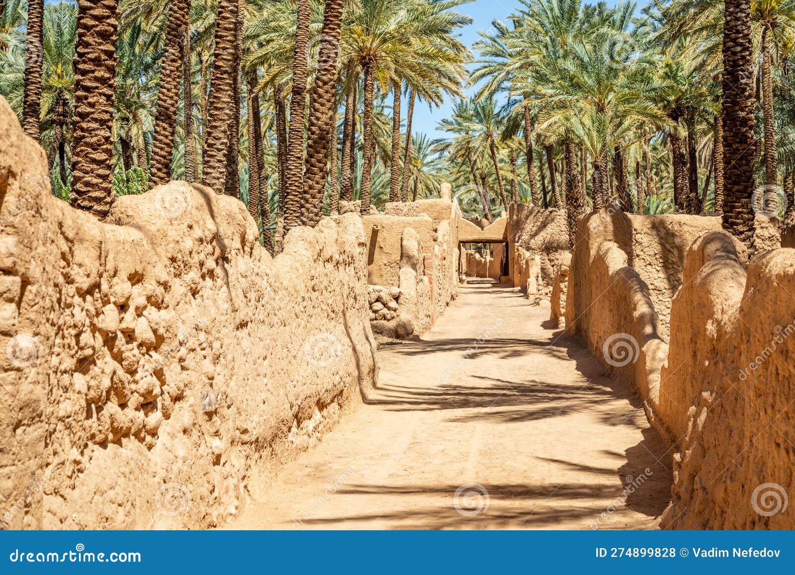 al ula ruined old town street with palms along the road, saudi arabia