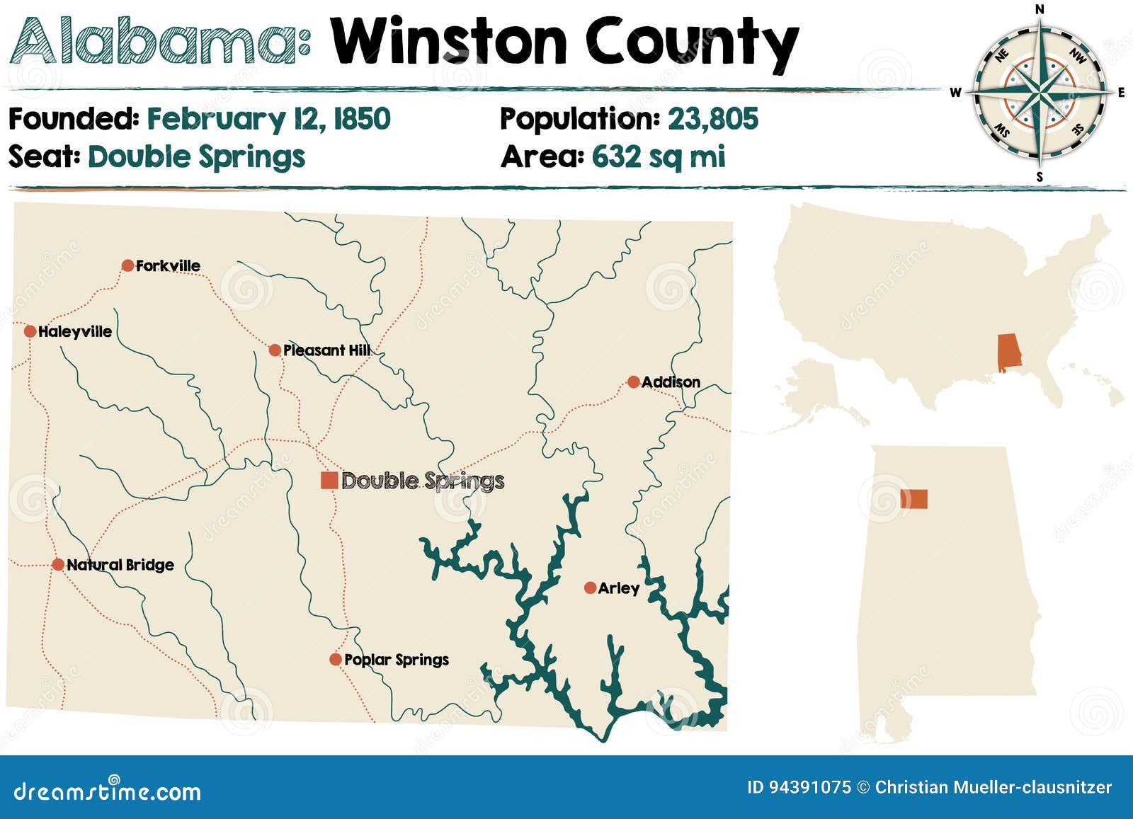 Alabama Winston County Map Stock Vector Illustration of white, city
