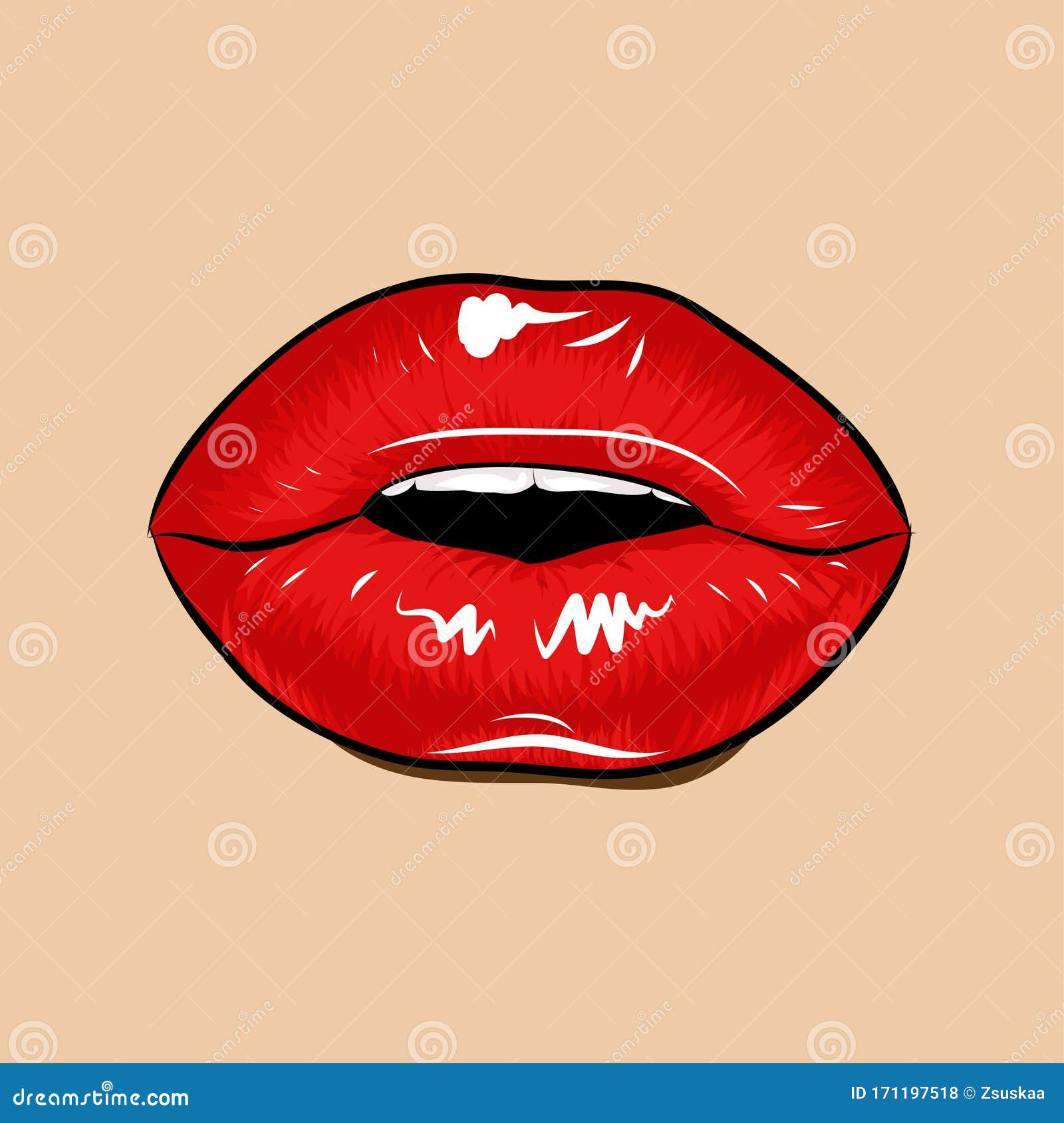 Open Lips Drawing Red Lips Open Retro Icon Isolated on Skin Stock