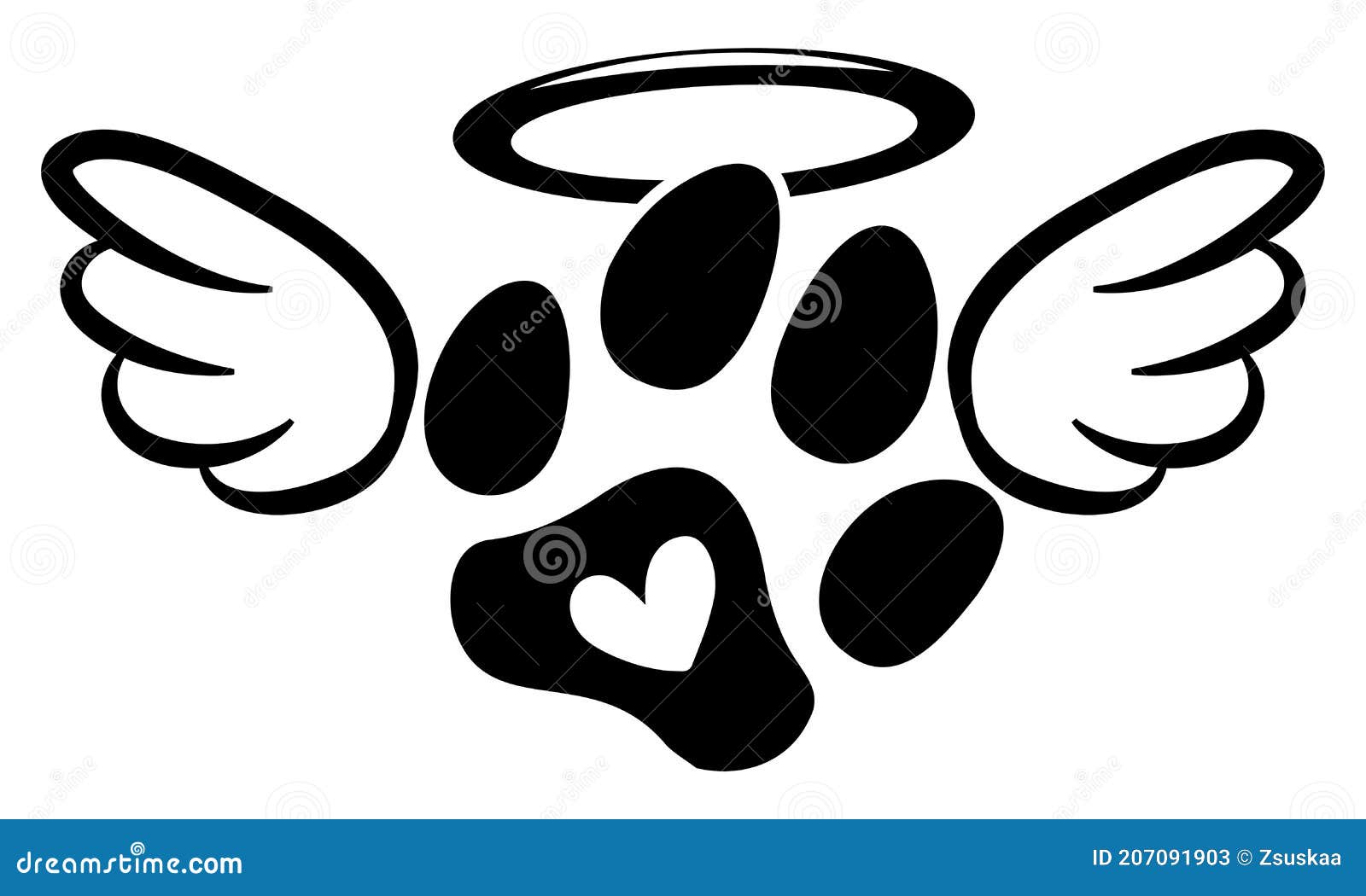 dog or cat footprint angel with wings, gloria, bone and footprints, paws.