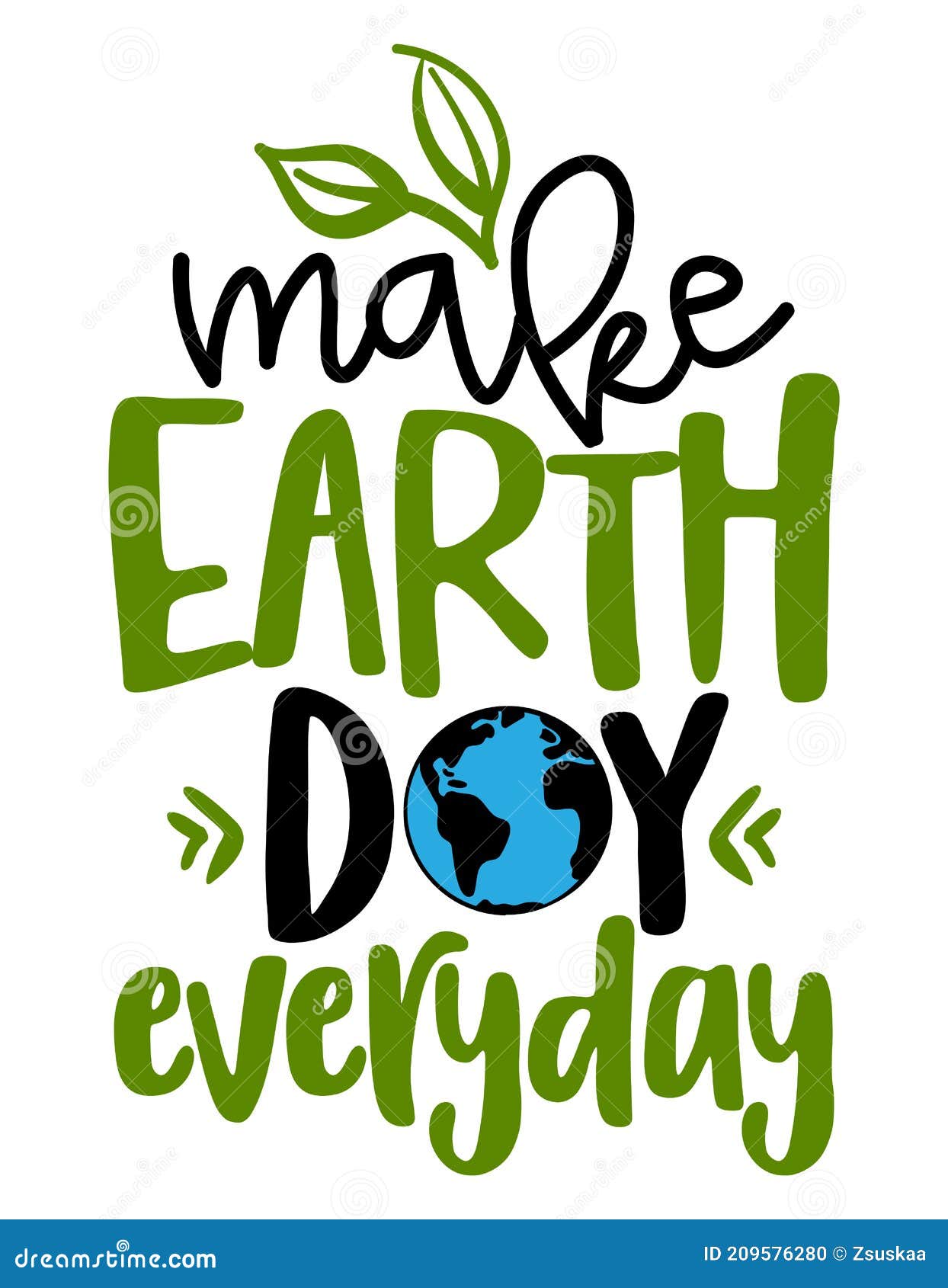 make earth day everyday - text quotes and planet earth drawing with eco friendly quote