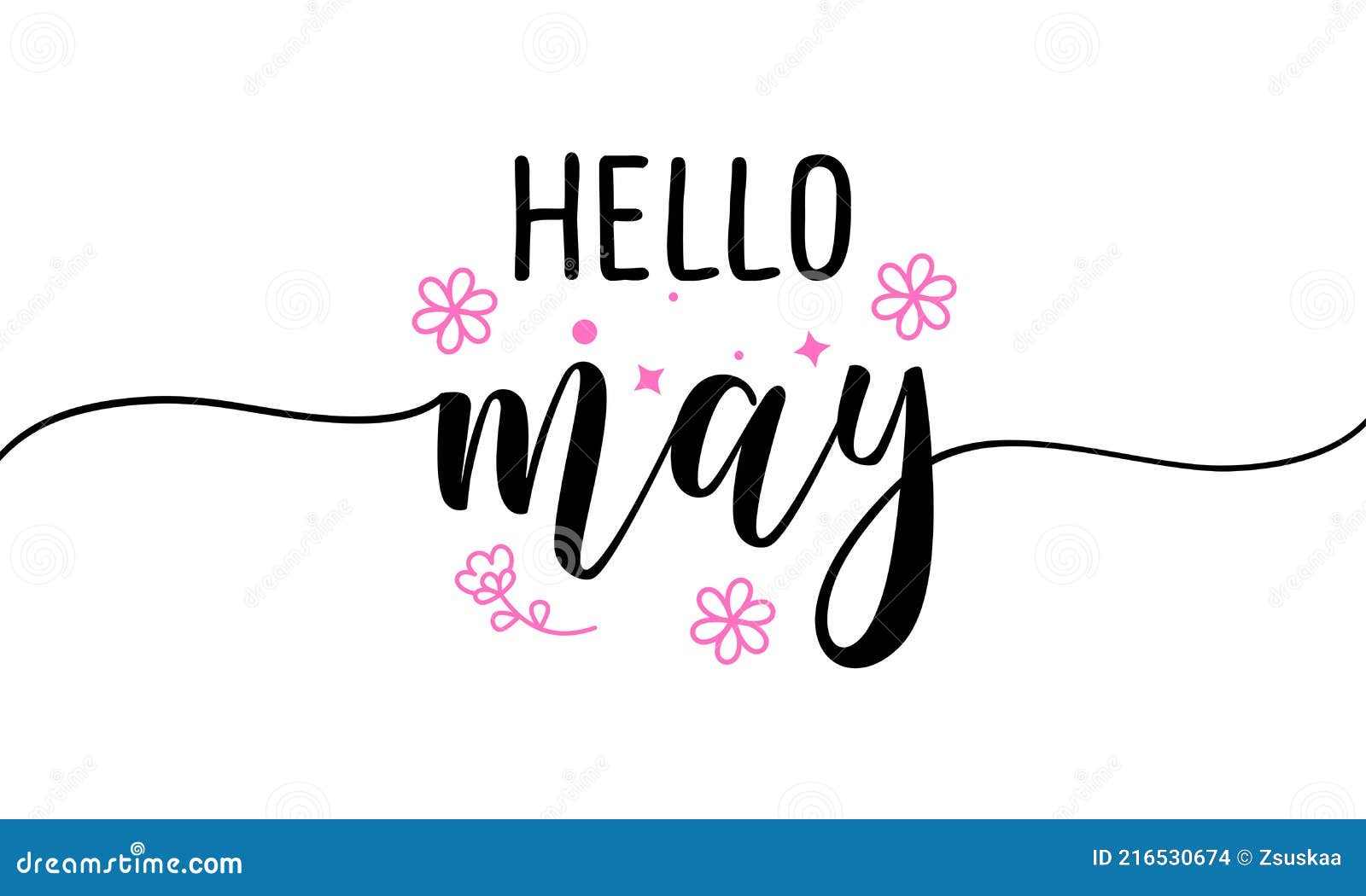 hello may - inspirational welcome spring season beautiful handwritten quote, gift tag, lettering message.