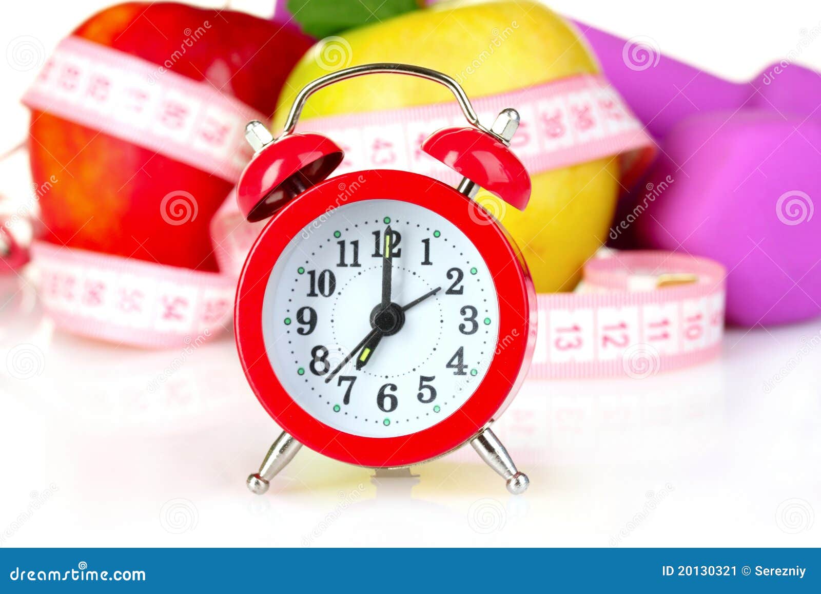 Alarm Clock, Apple and Dumbbell Isolated Stock Image Image of