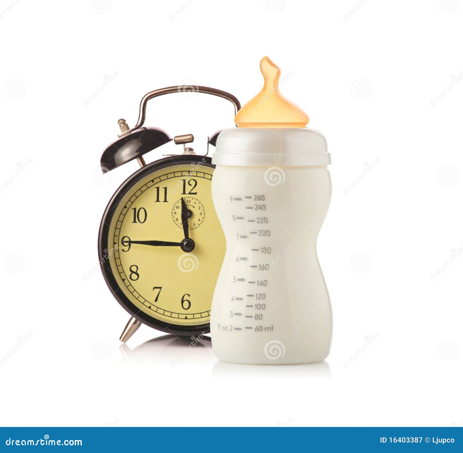 Alarm Clock and Baby Feeding Bottle with Milk Stock Image Image of