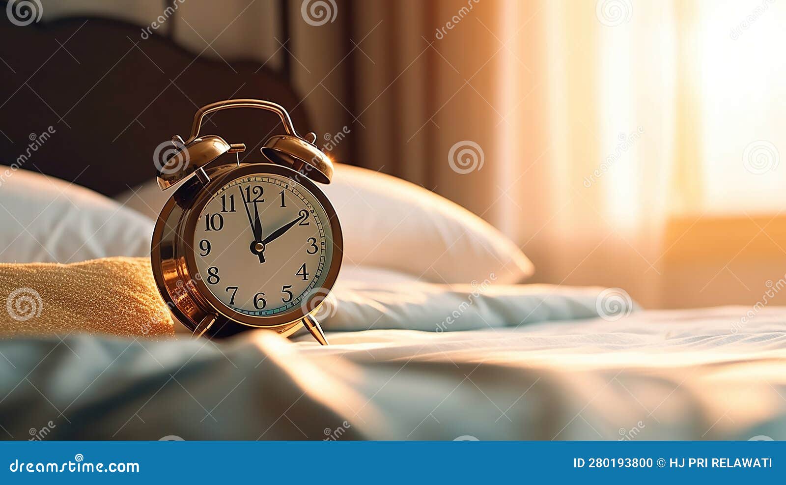 Alarm Clock on the Bed in Bedroom on the Morning. Generative Ai Stock