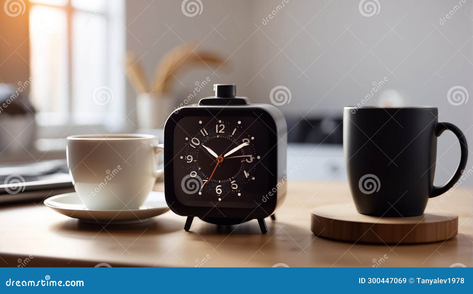 Alarm Clock, Cup of Coffee the Table Concept Stock Illustration