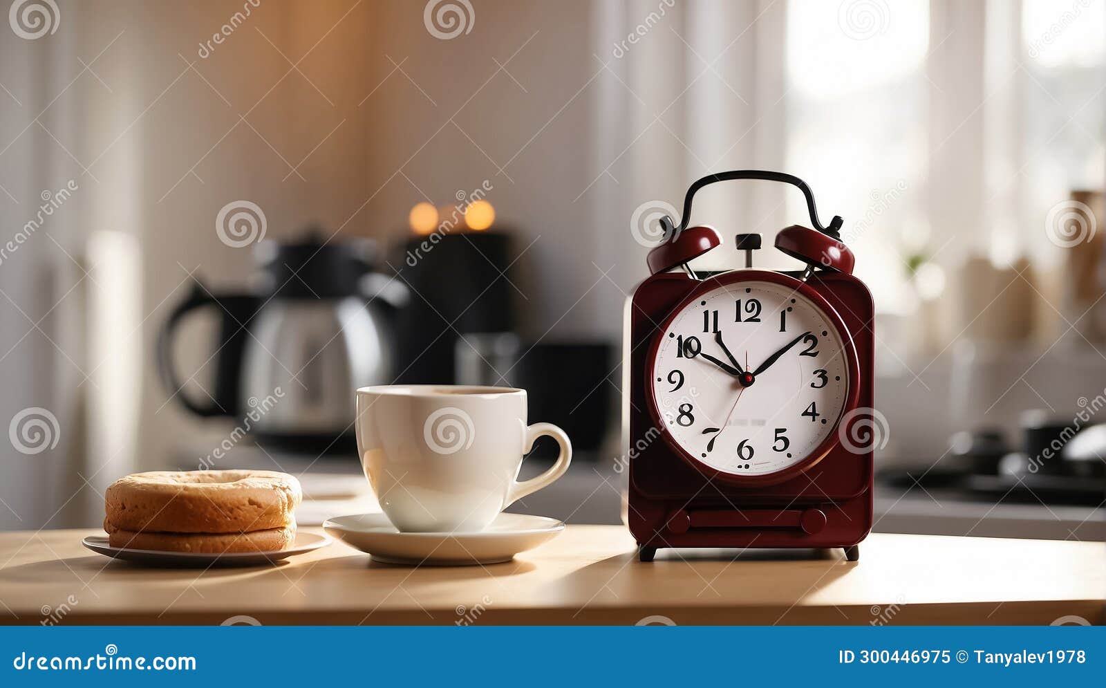 Alarm Clock, Cup of Coffee the Table Concept Drink Stock Illustration