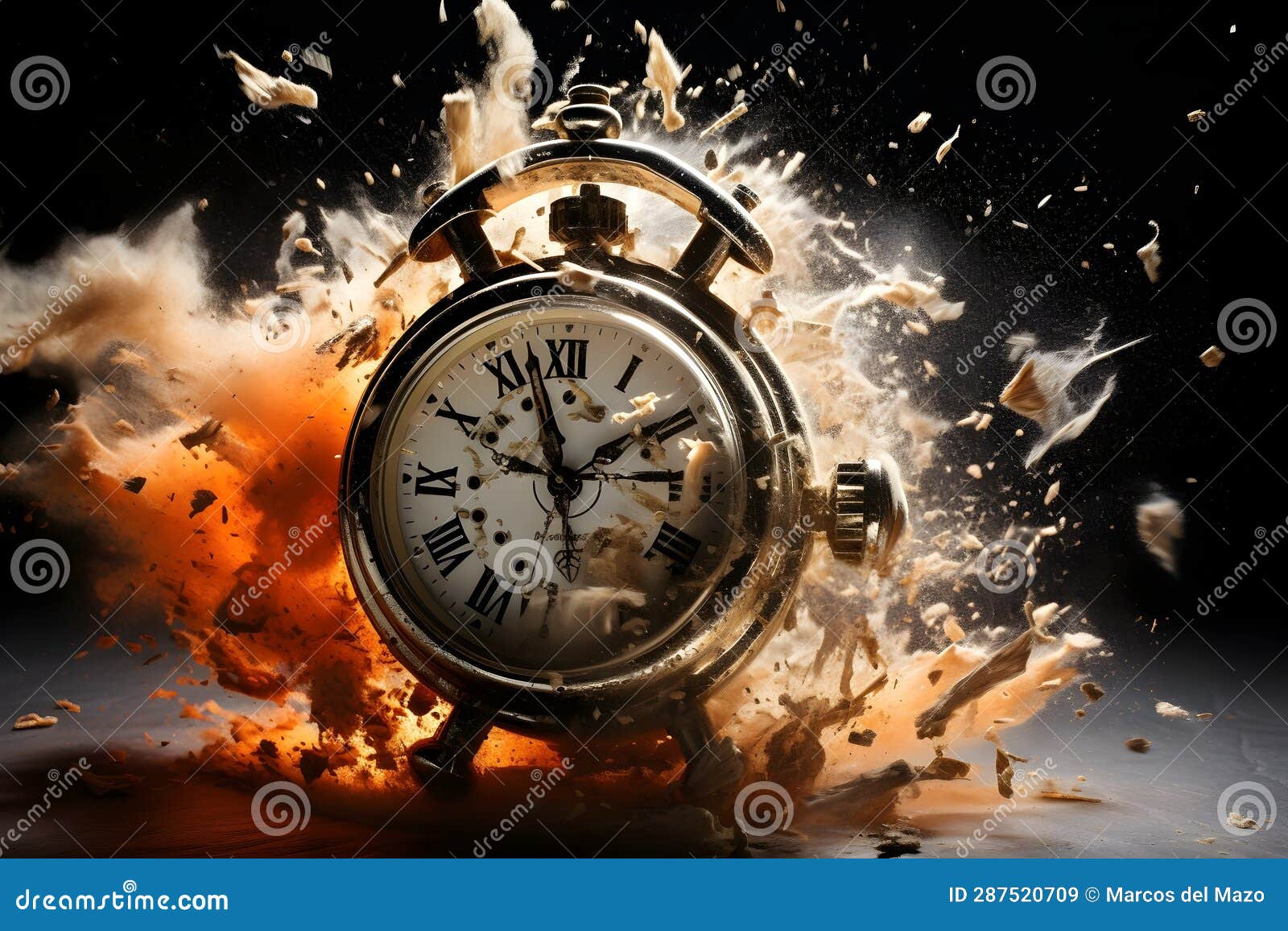 Alarm Clock Exploding To Pieces. Time Passing, Running Out of Time