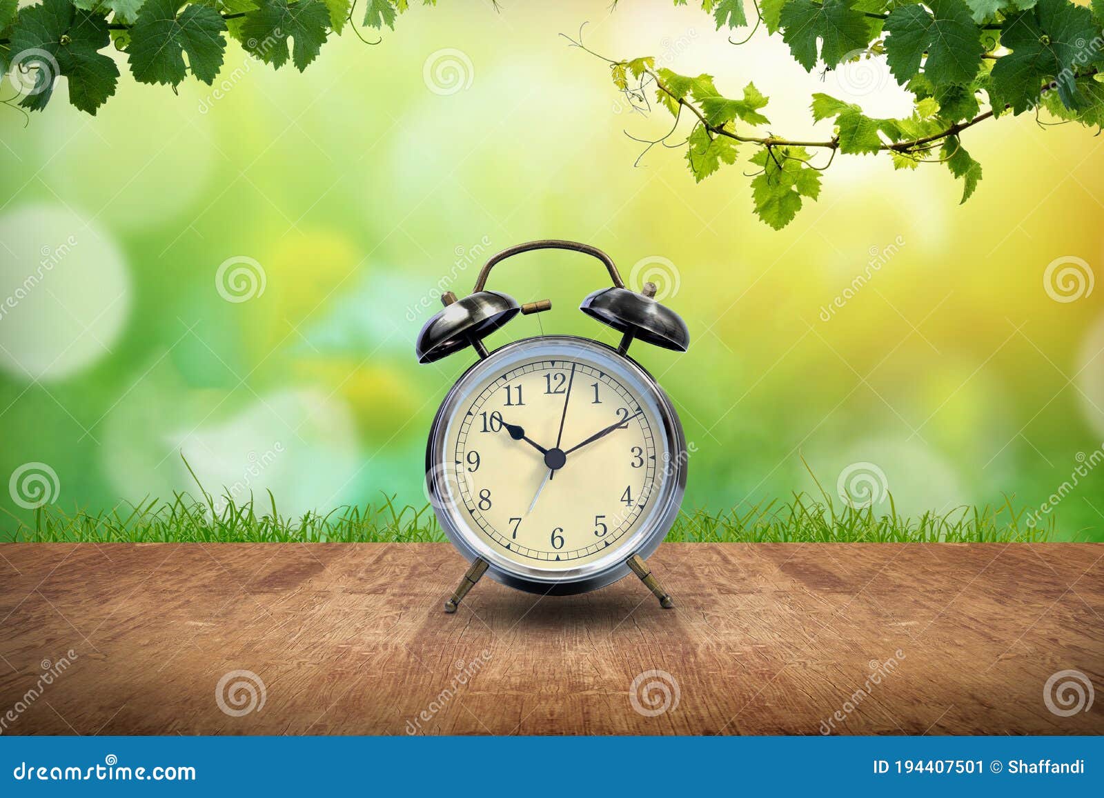 alarm clock on green bokeh background