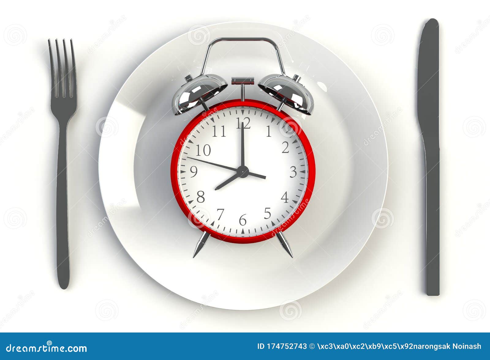 Alarm Clock on Plate, Knife and Fork on White Table. Stock Illustration