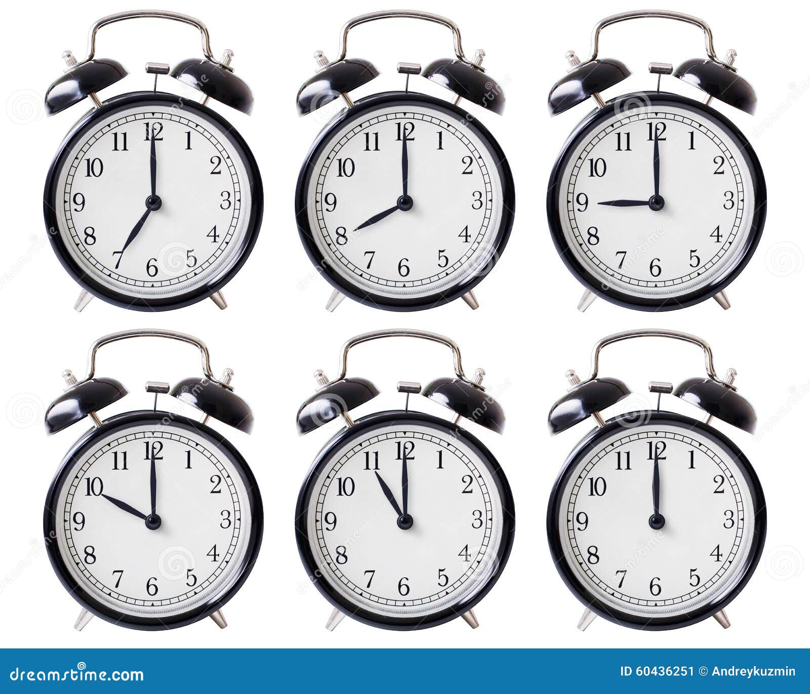 Alarm Clock Set With Hands From 7 To 12 O'clock Stock Image - Image of isolated ...