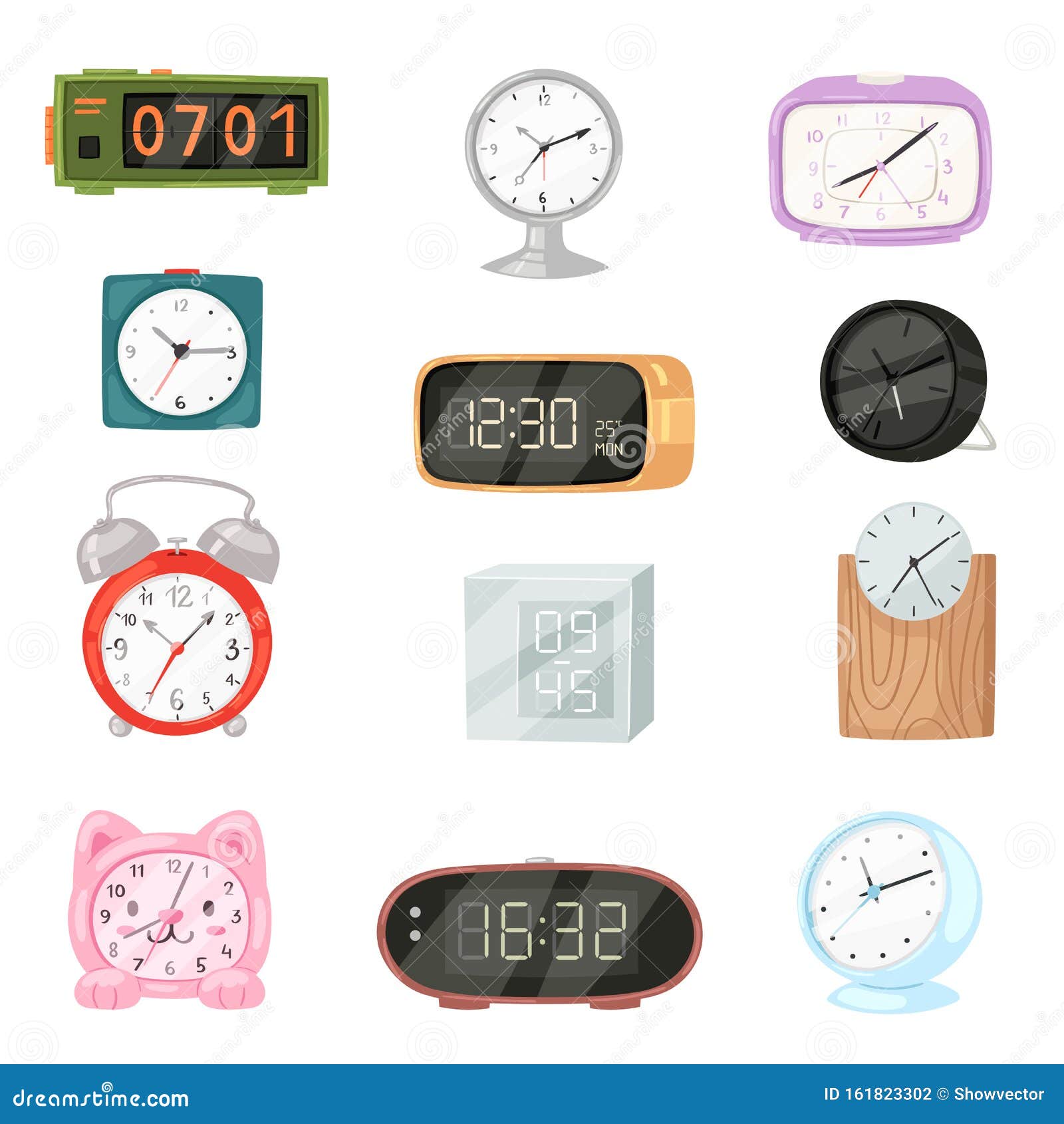 alarm clock  modern clockface clocked in time with hour or minute arrows  childish clocking object