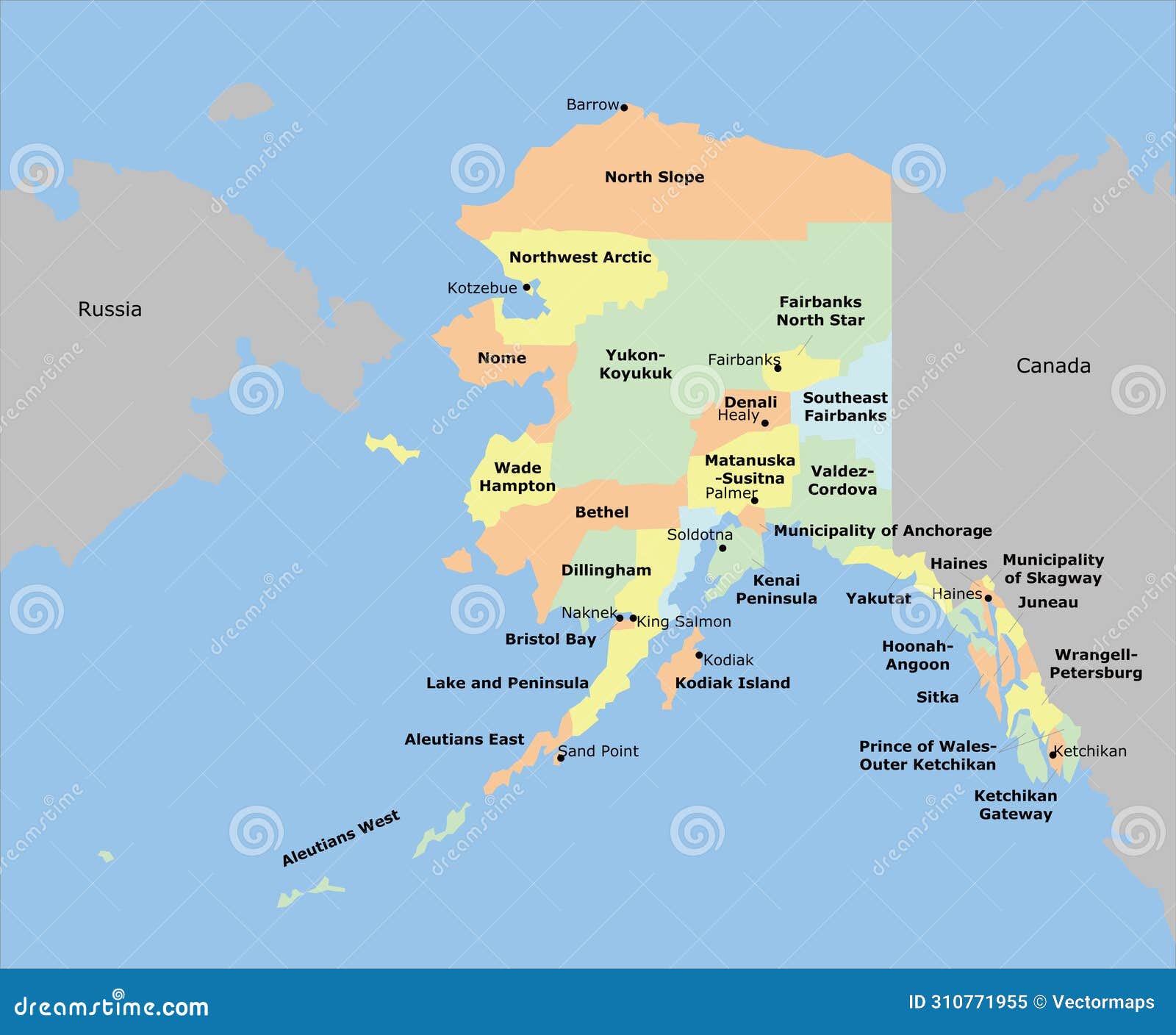 alaska map with 18 boroughs and 11 census areas