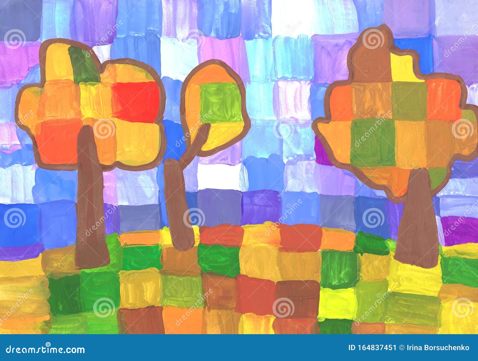 Alberi Colorati D Autunno Disegno Per Bambini Gouache Carta Illustrazione Di Stock Illustrazione Di Carta Fogliame
