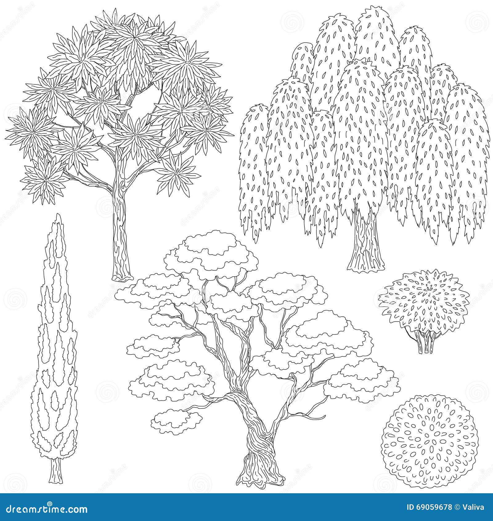 Alberi e cespugli in bianco e nero dei profili Libera da Diritti