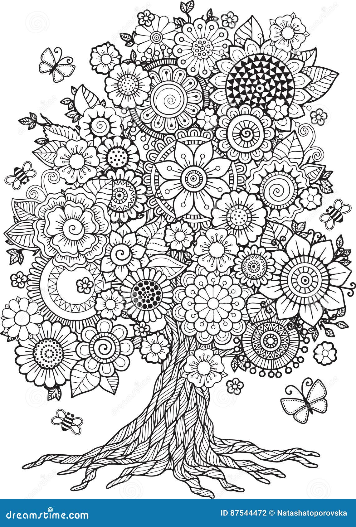 Albero del fiore con il vettore floreale degli elementi Libro da colorare per l adulto Scarabocchi per la meditazione