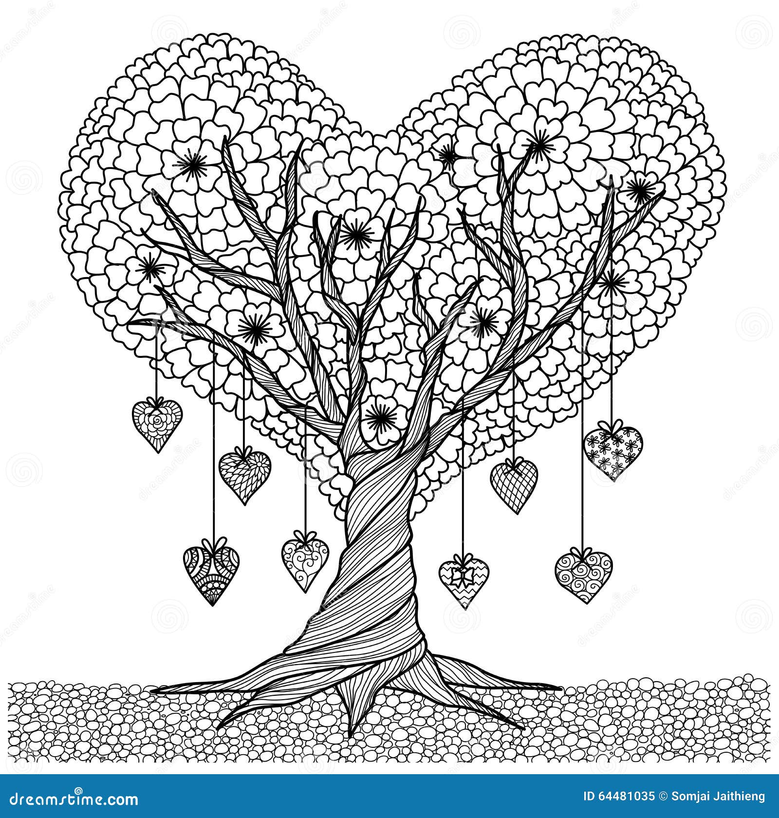 Albero disegnato a mano di forma del cuore per il libro da colorare per l