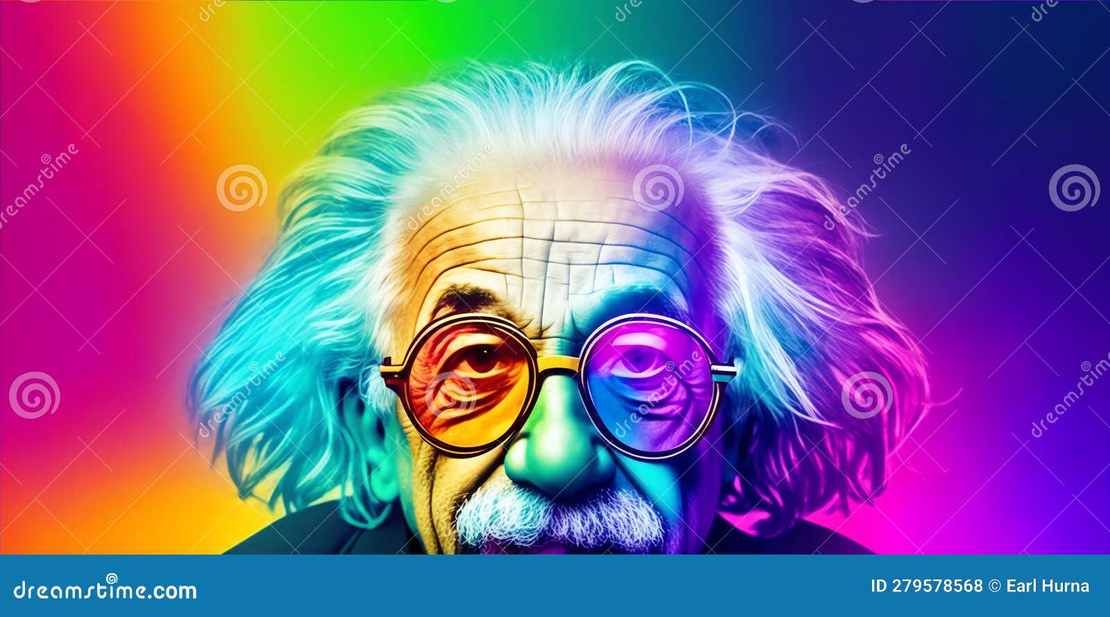 albert einstein wearing a colorful sunglasses on party colored background. generative ai