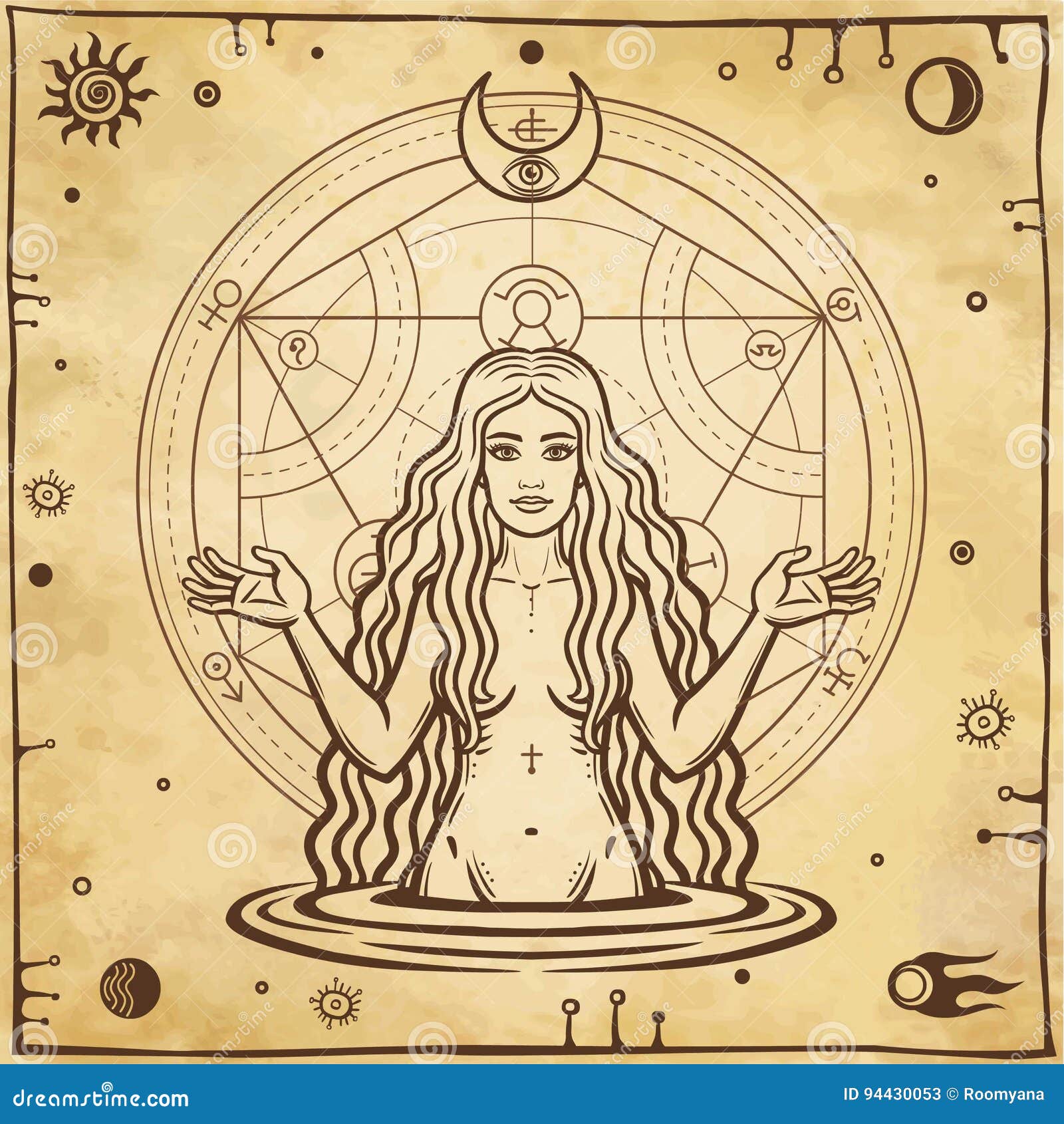 alchemical drawing: young beautiful woman, eve`s image, fertility, temptation.