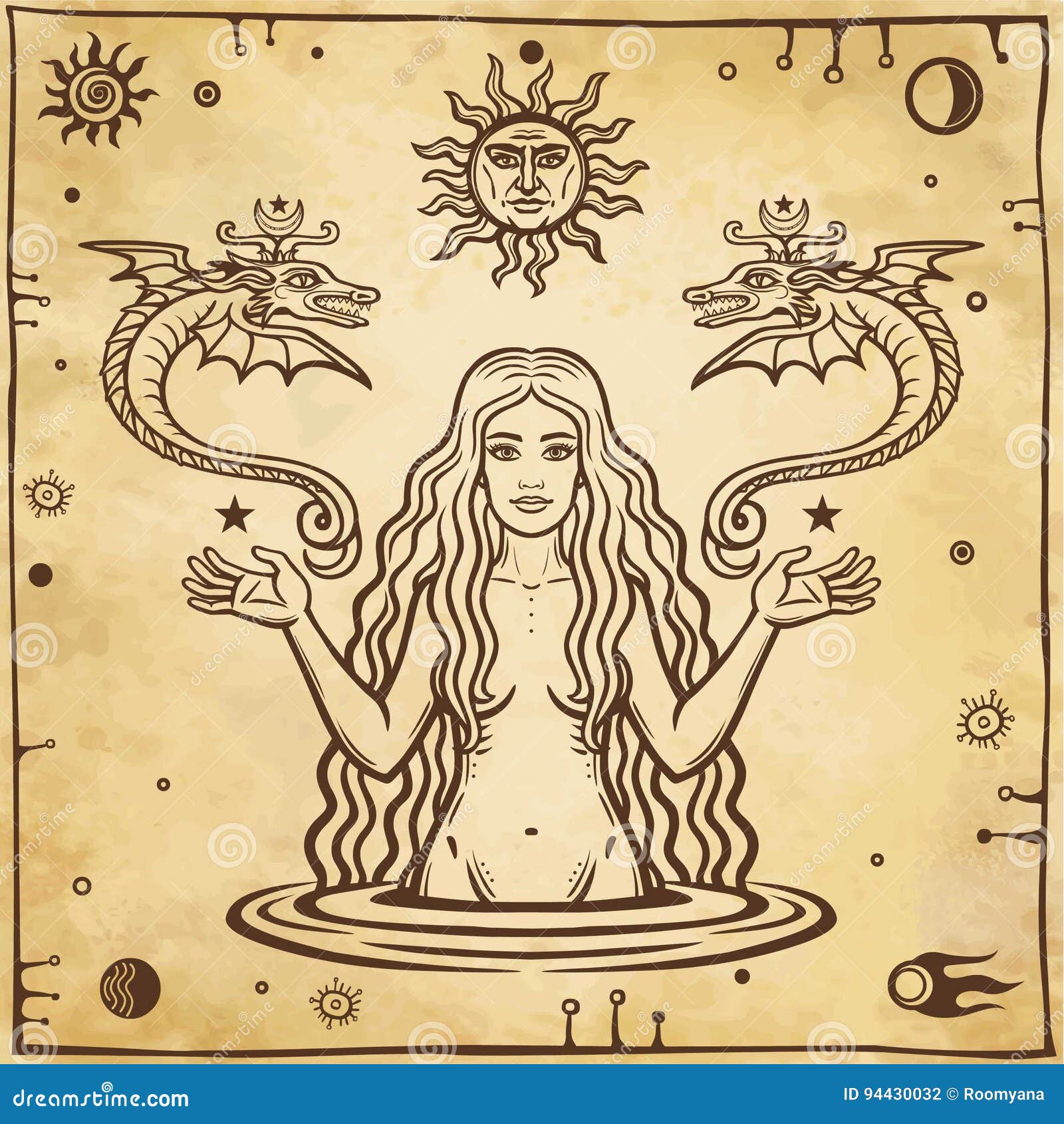 alchemical drawing: young beautiful woman holds winged snakes in hand. esoteric, mystic, occultism.