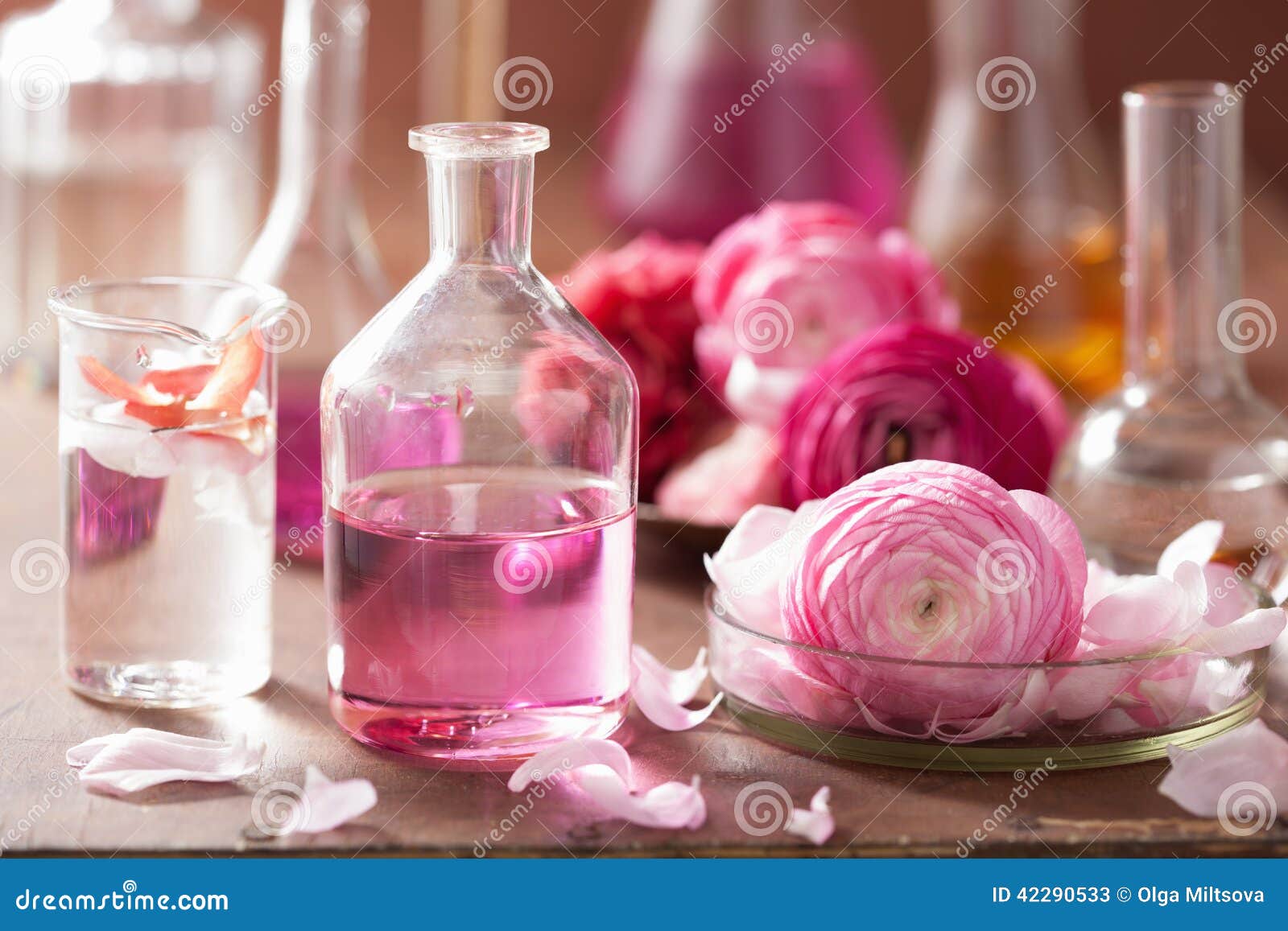 alchemy and aromatherapy set with ranunculus flowers and flasks